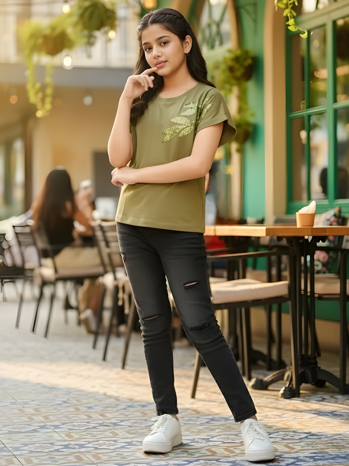 Girls Olive Green Cap Sleeve Top with Gold Leaf..