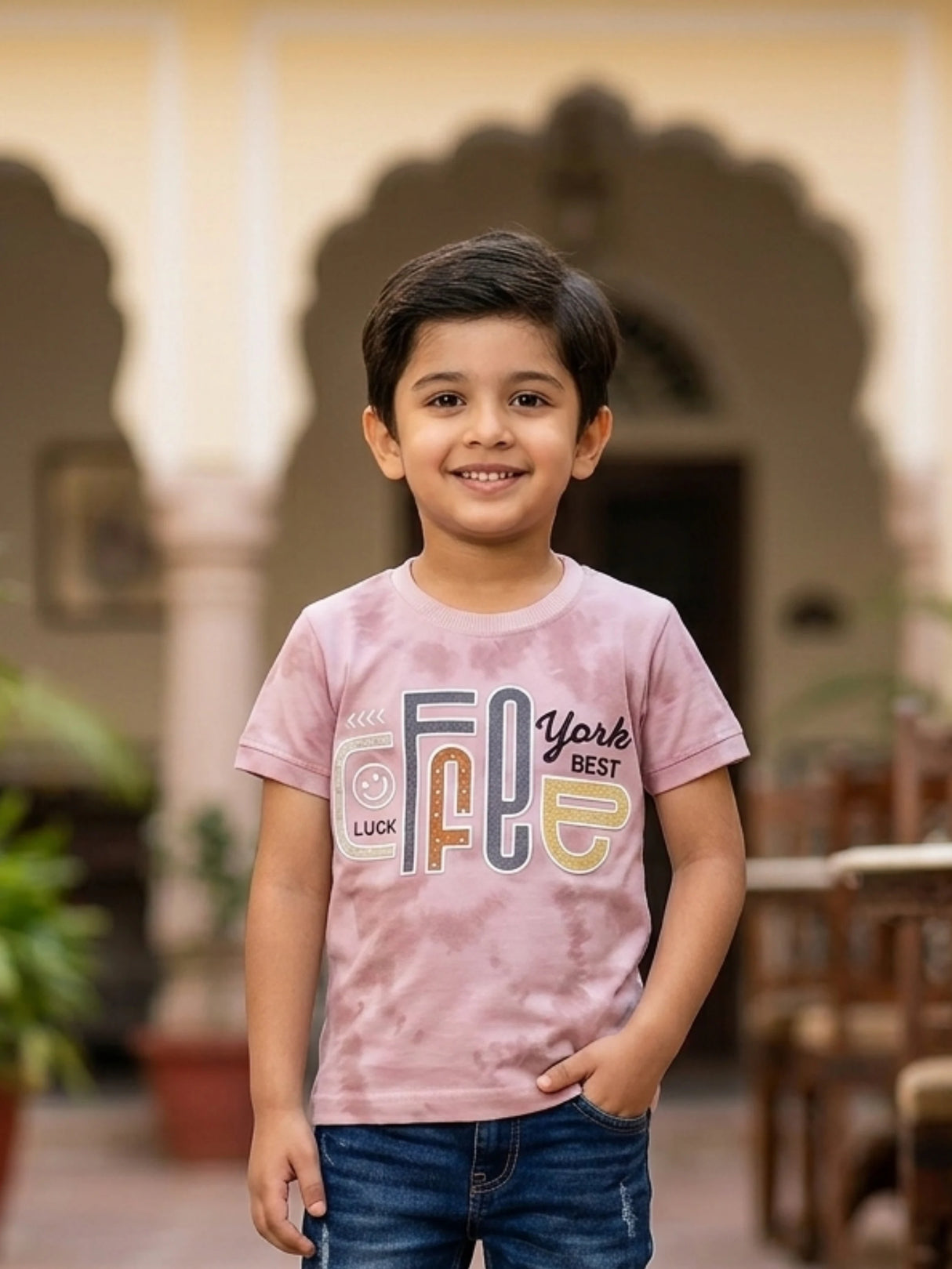 Boys Peach Tie-Dye Graphic Print T-Shirt