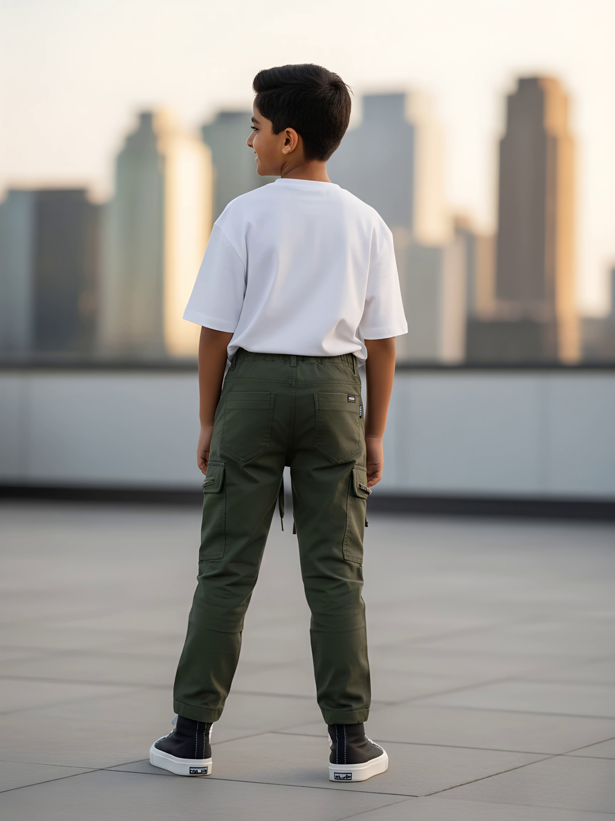 Boys' Olive Green Casual Utility Pants with Elastic Waist