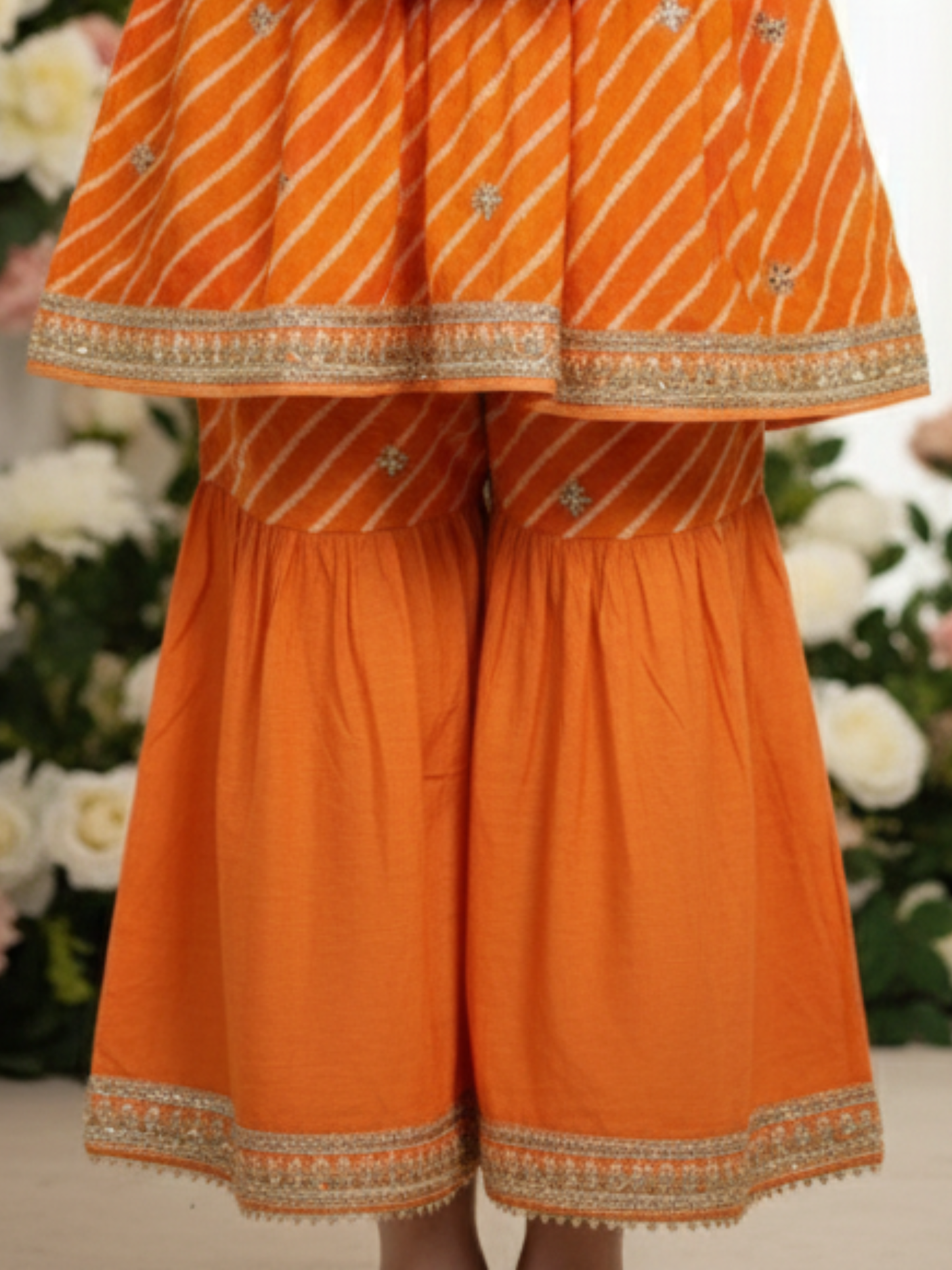 Girls' Festive Orange Printed Angrakha Top and Gharara Set