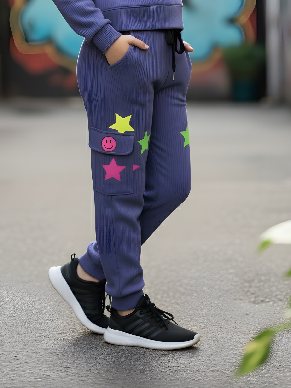 Girls Purple Neon Star & Smiley Ribbed Co-ord Set