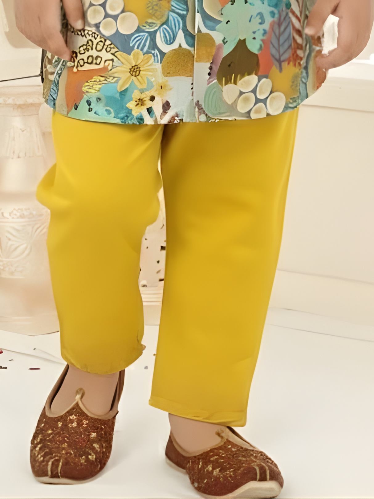 Boys' Yellow Kurta Set with Aqua-Green Printed