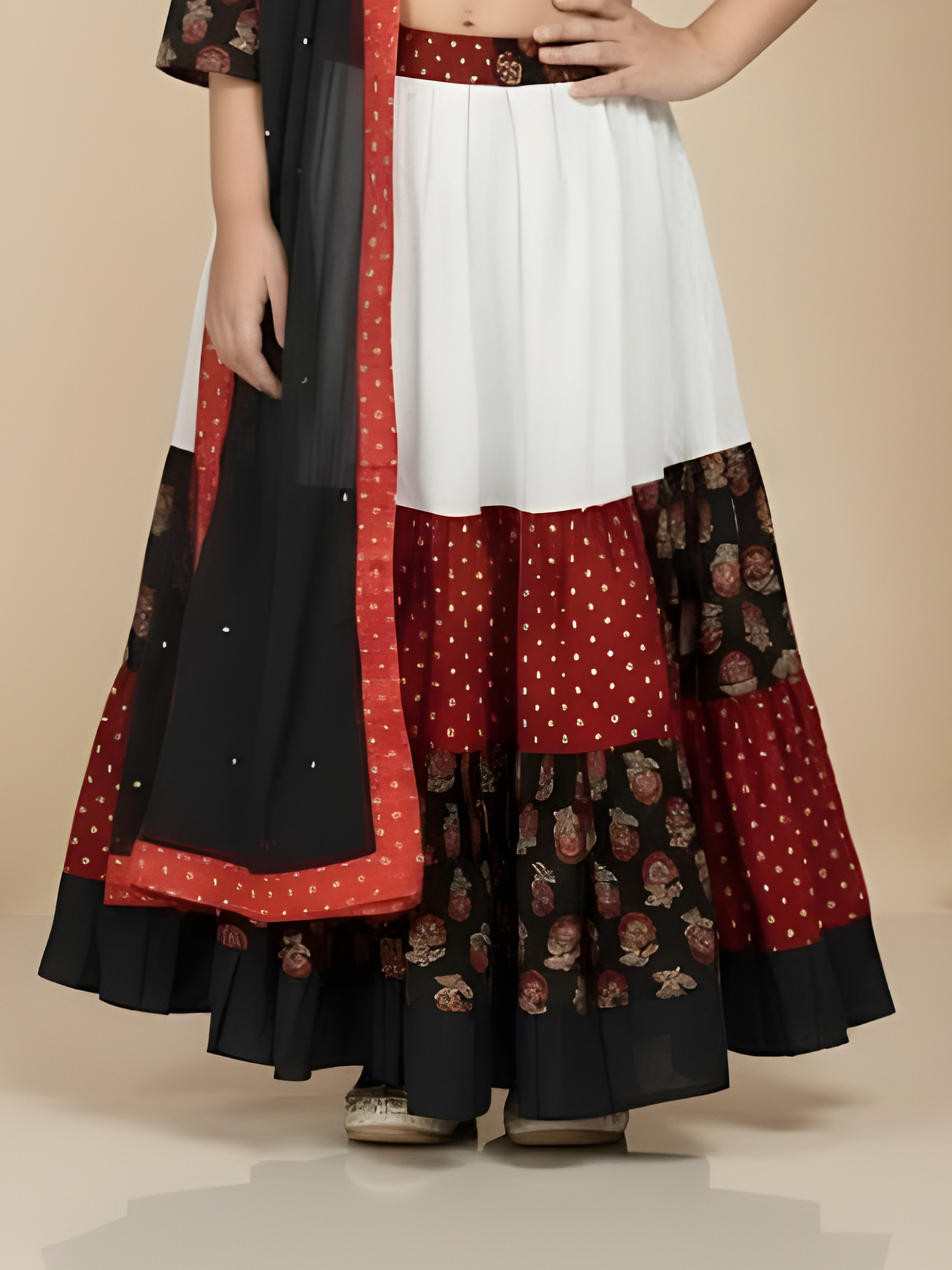 Girls' Black, Red, and White Tiered Block Print Lehenga Choli Set with Dupatta