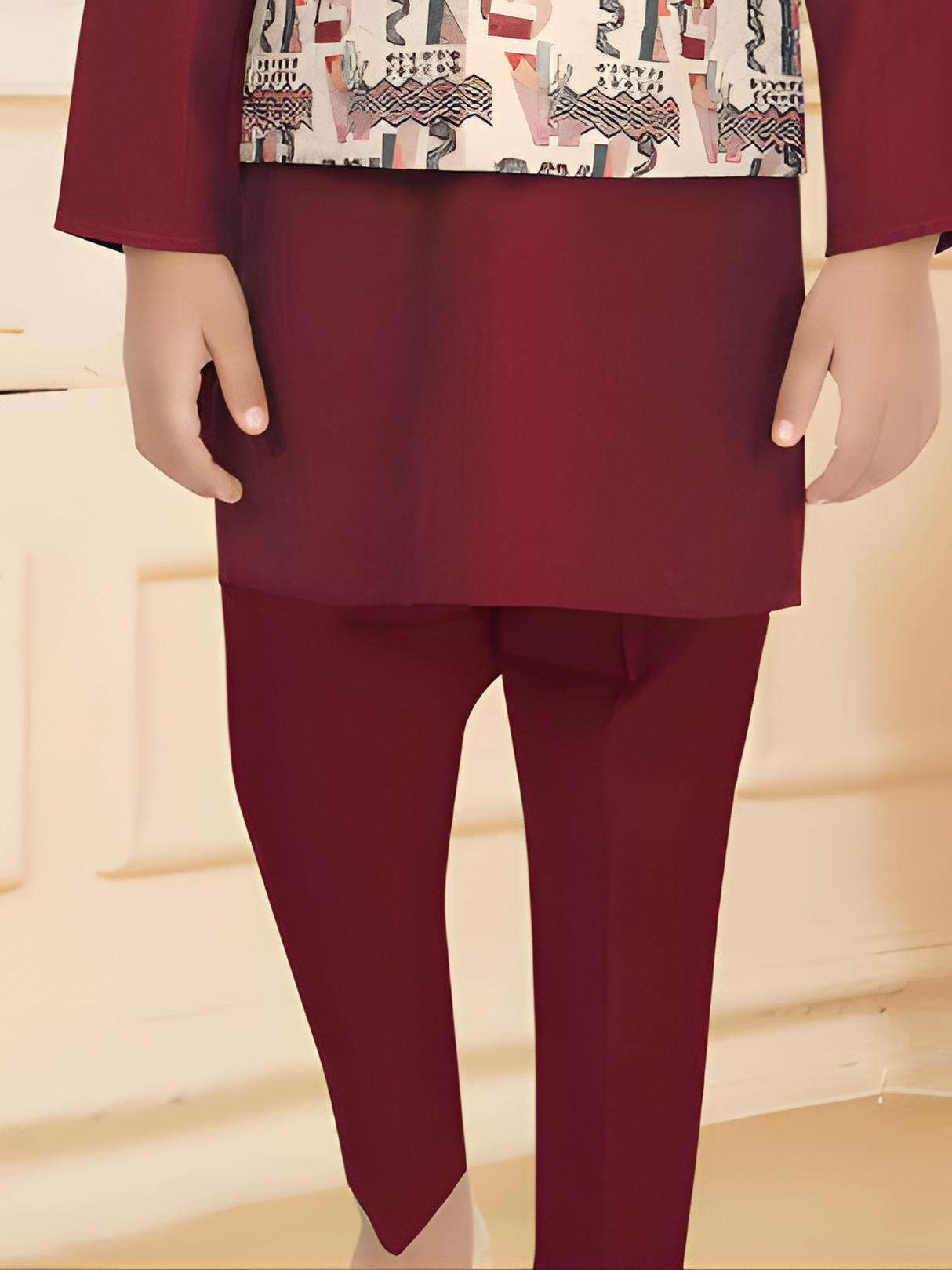 Boys' Festive Maroon Kurta Set with Abstract Printed Waistcoat