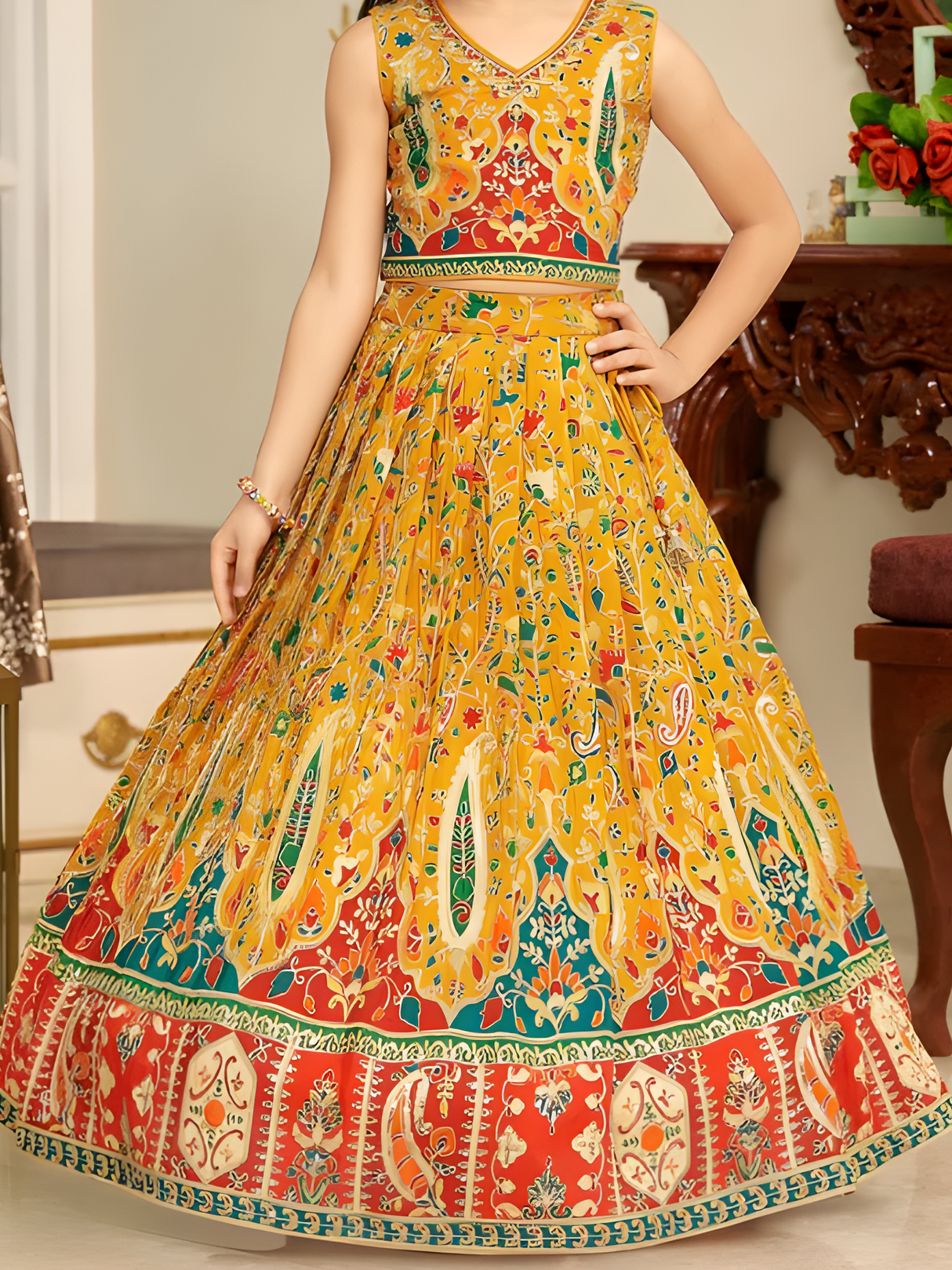 Girls' Halter Neck Red Ruffled Lehenga Set