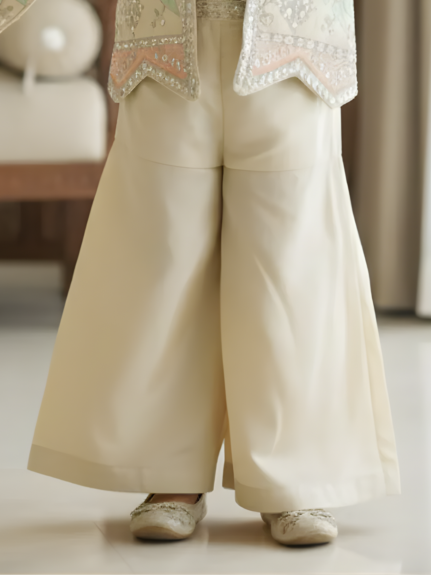 Girls Cream Floral Embroidered Jacket and Palazzo Set