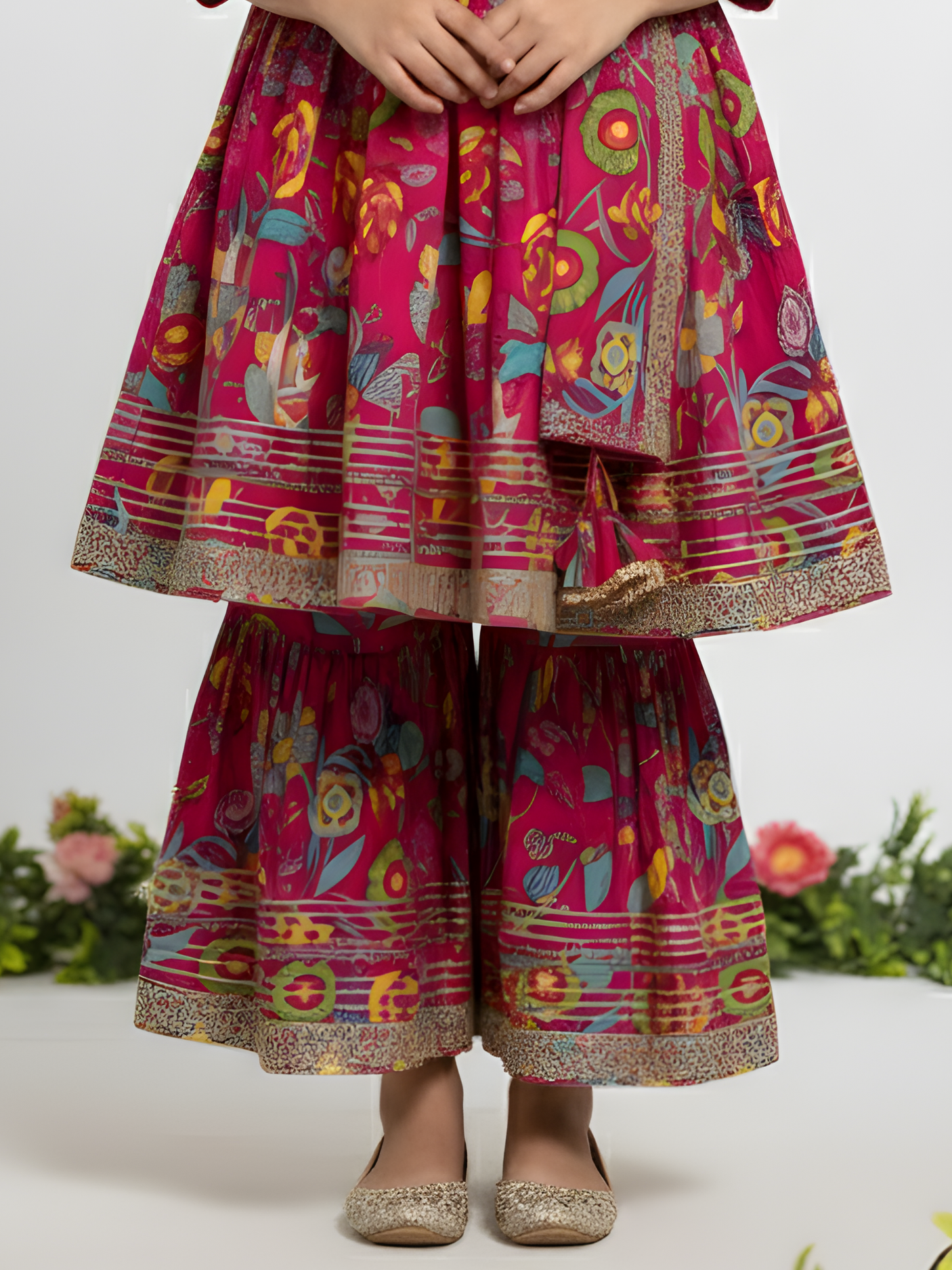 Girls' Deep Pink Print Angrakha Kurti and Flared Sharara Skirt Set