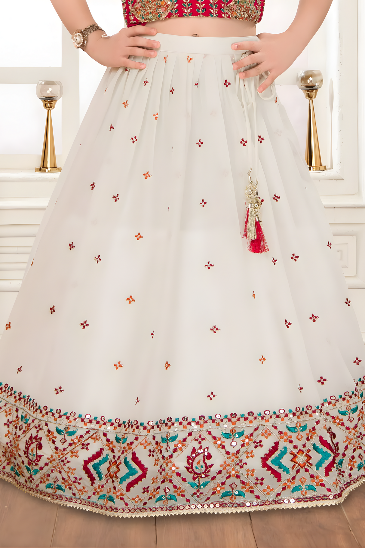 Ruby Red & Cream Embroidered Lehanga Choli Set for Girls