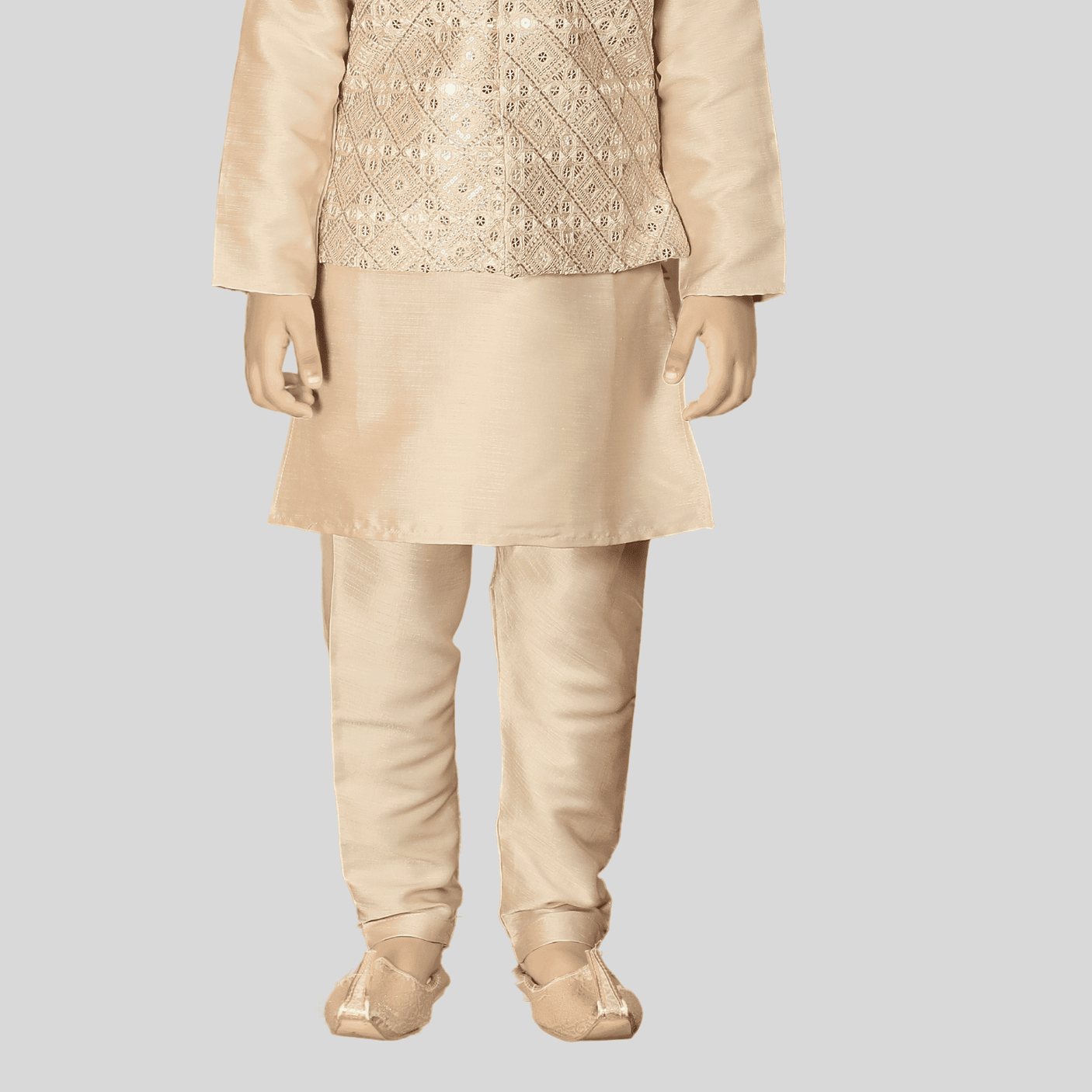 Boys Traditional With Work Chudidar Kurta with Koti - Fawn