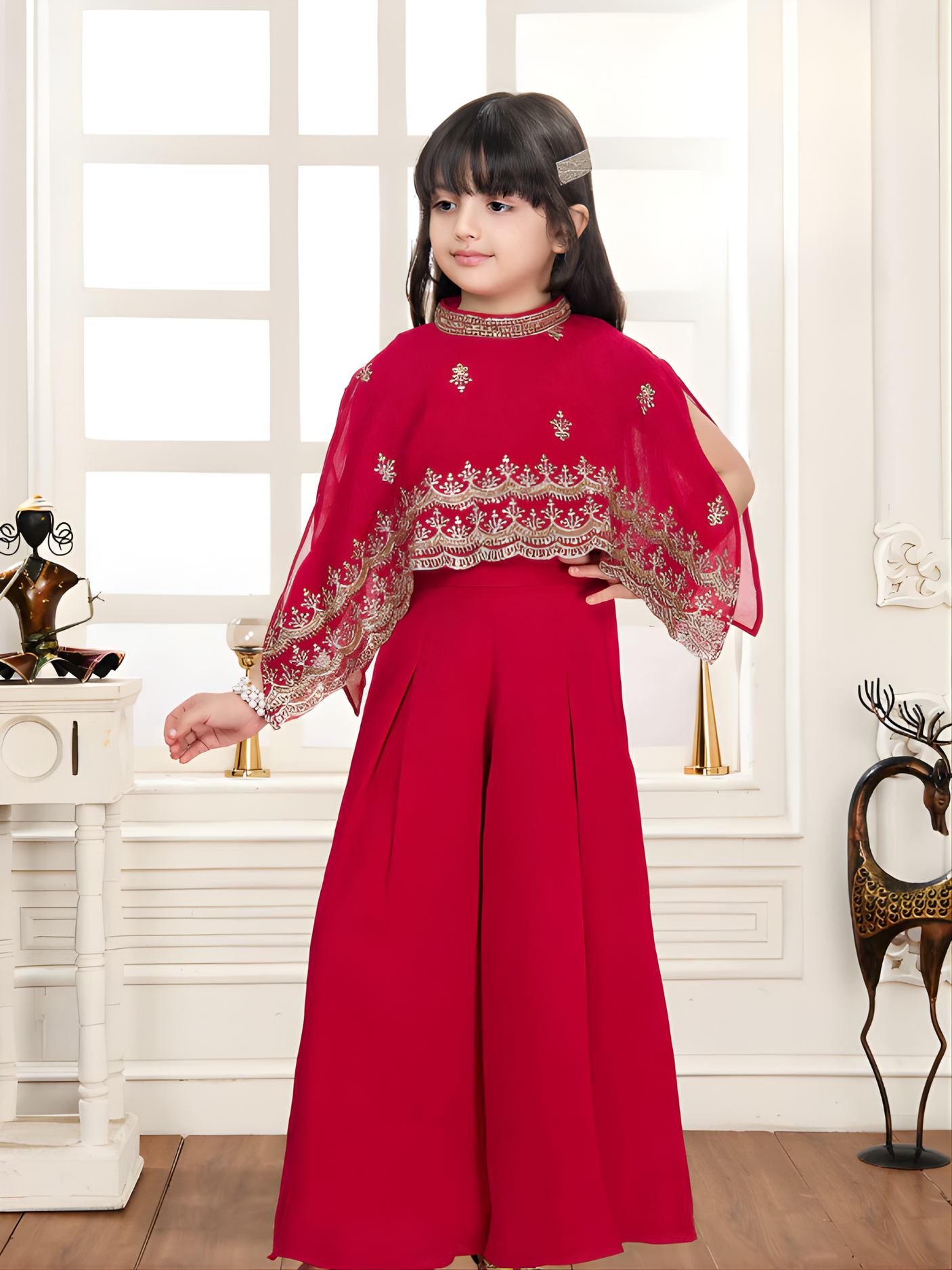 Girls' Festive Red Plazo Set with High-Neck Gold Embroidered Cape Top