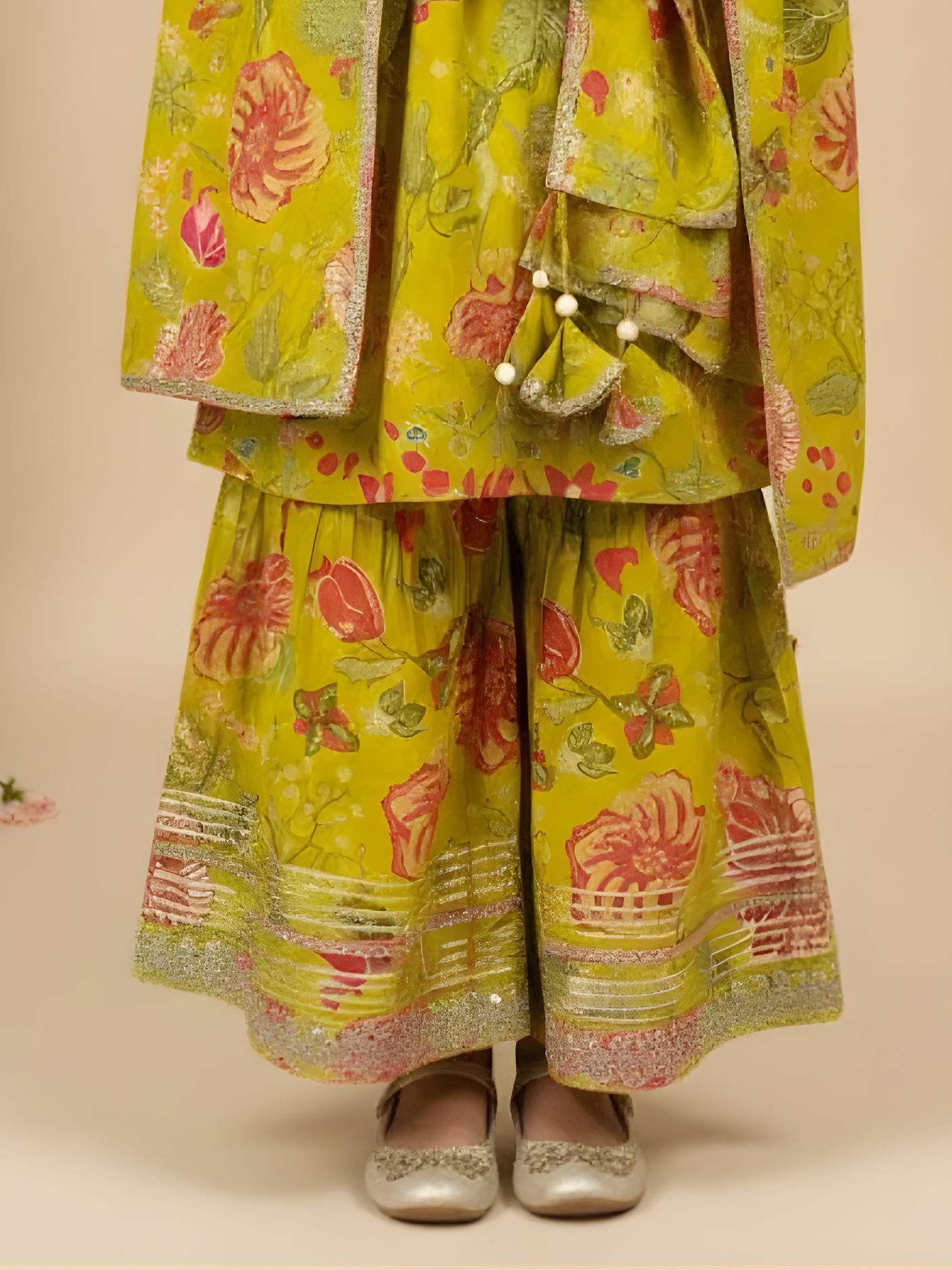 Girls Lime Green Floral Print Sharara Set with Dupatta