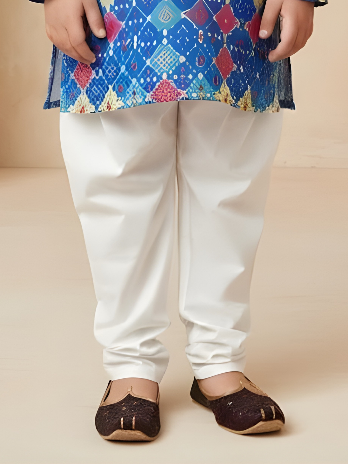 Boys' Bright Blue Festive Geometric Print Kurta with White Pyjama Set.
