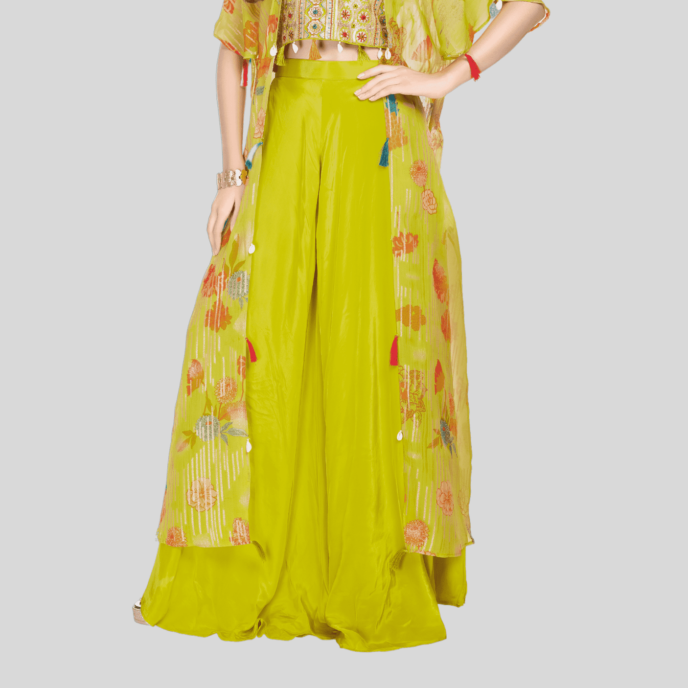 Girls Traditional Half Sleeves Plazo Set - Green