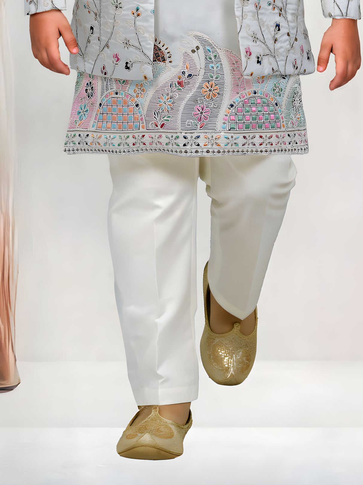 Cream Embroidered Kurta Set with Floral Jacket for Boys