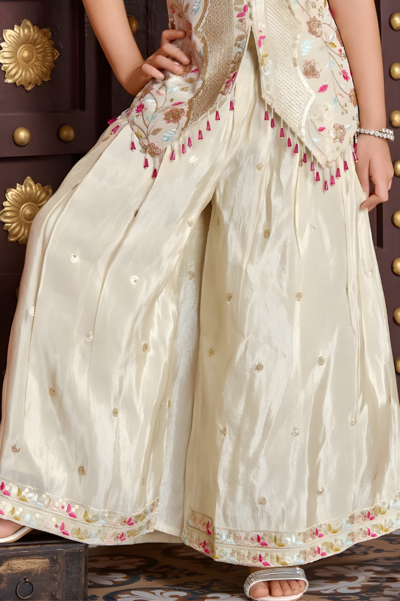 Girls Embroidered Cream Palazzo Set