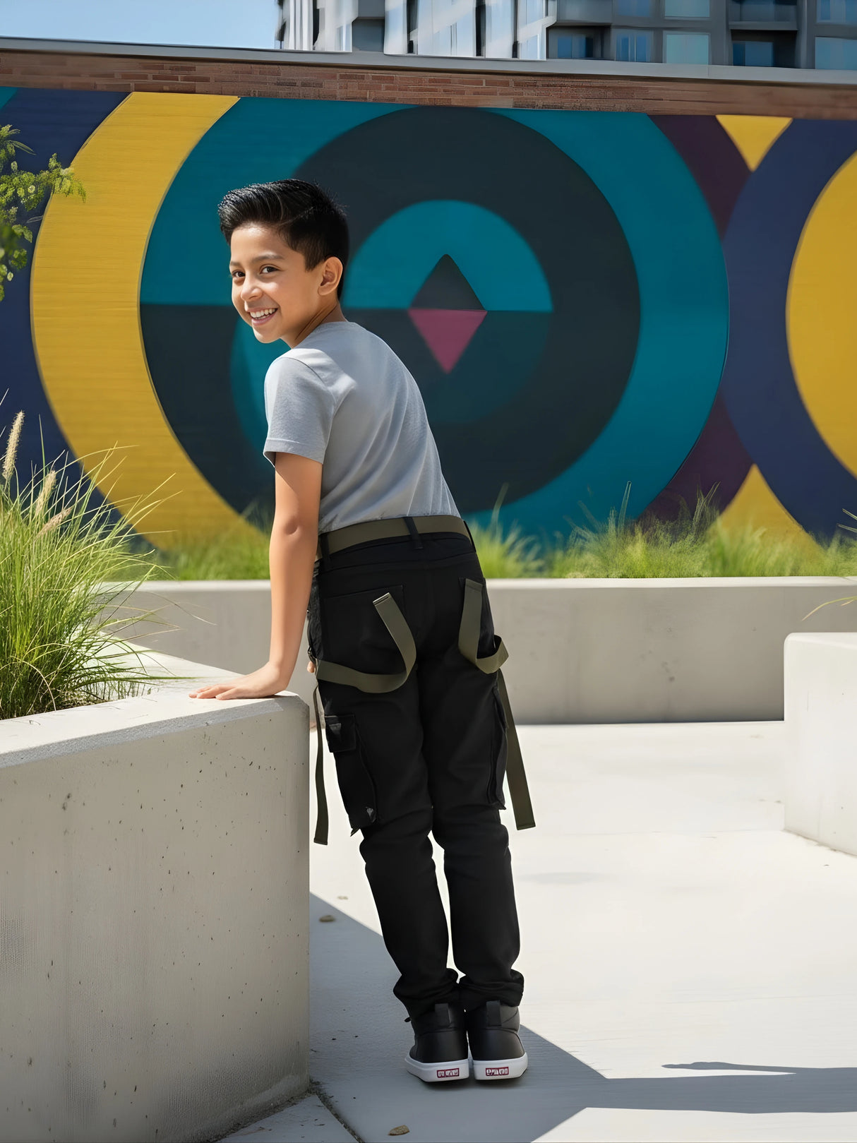 Boys' Urban Tactical Black Track Pants with Olive Webbing Straps