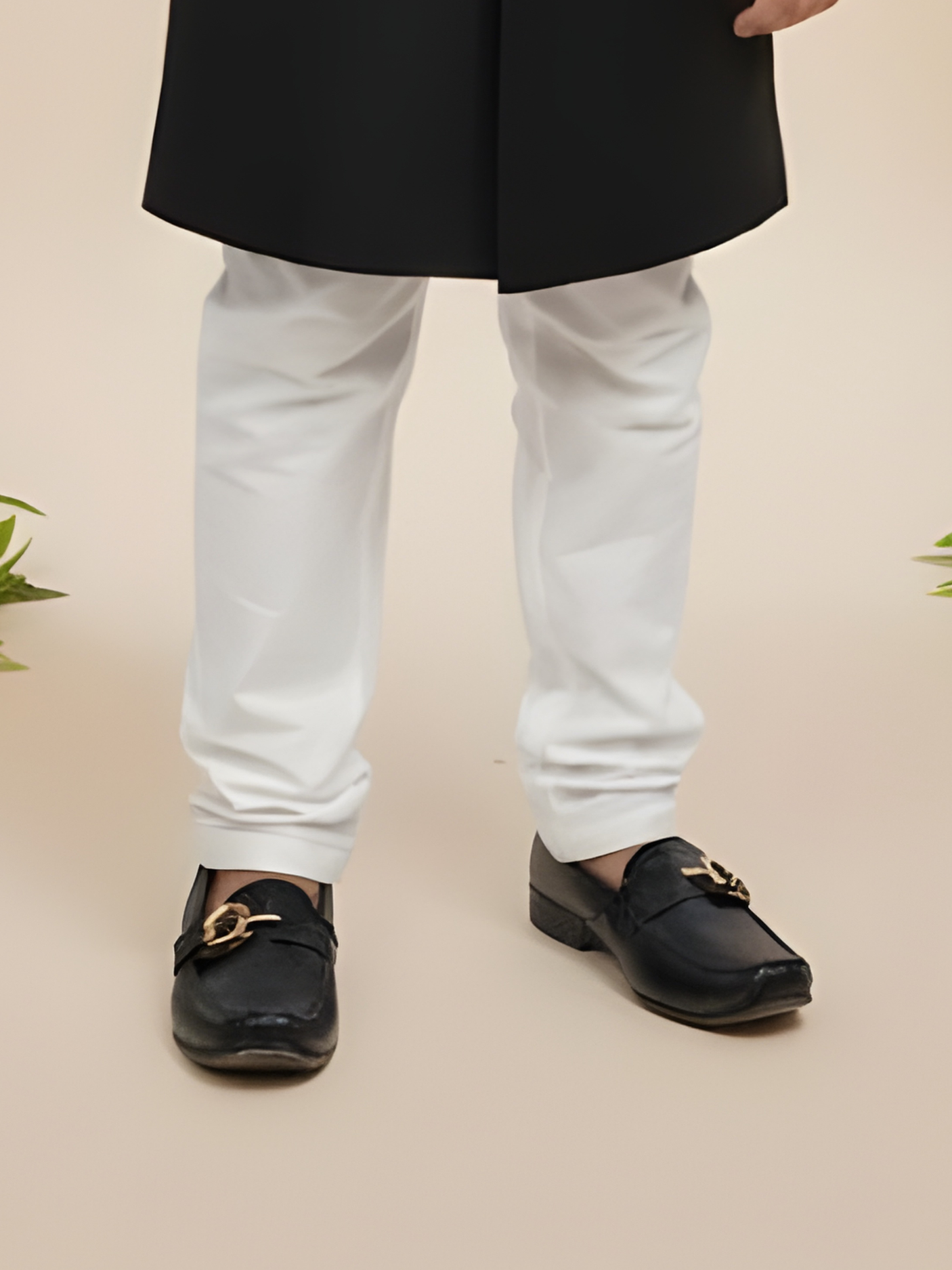 Boys' Classic Black Textured Sherwani Suit with White Churidar