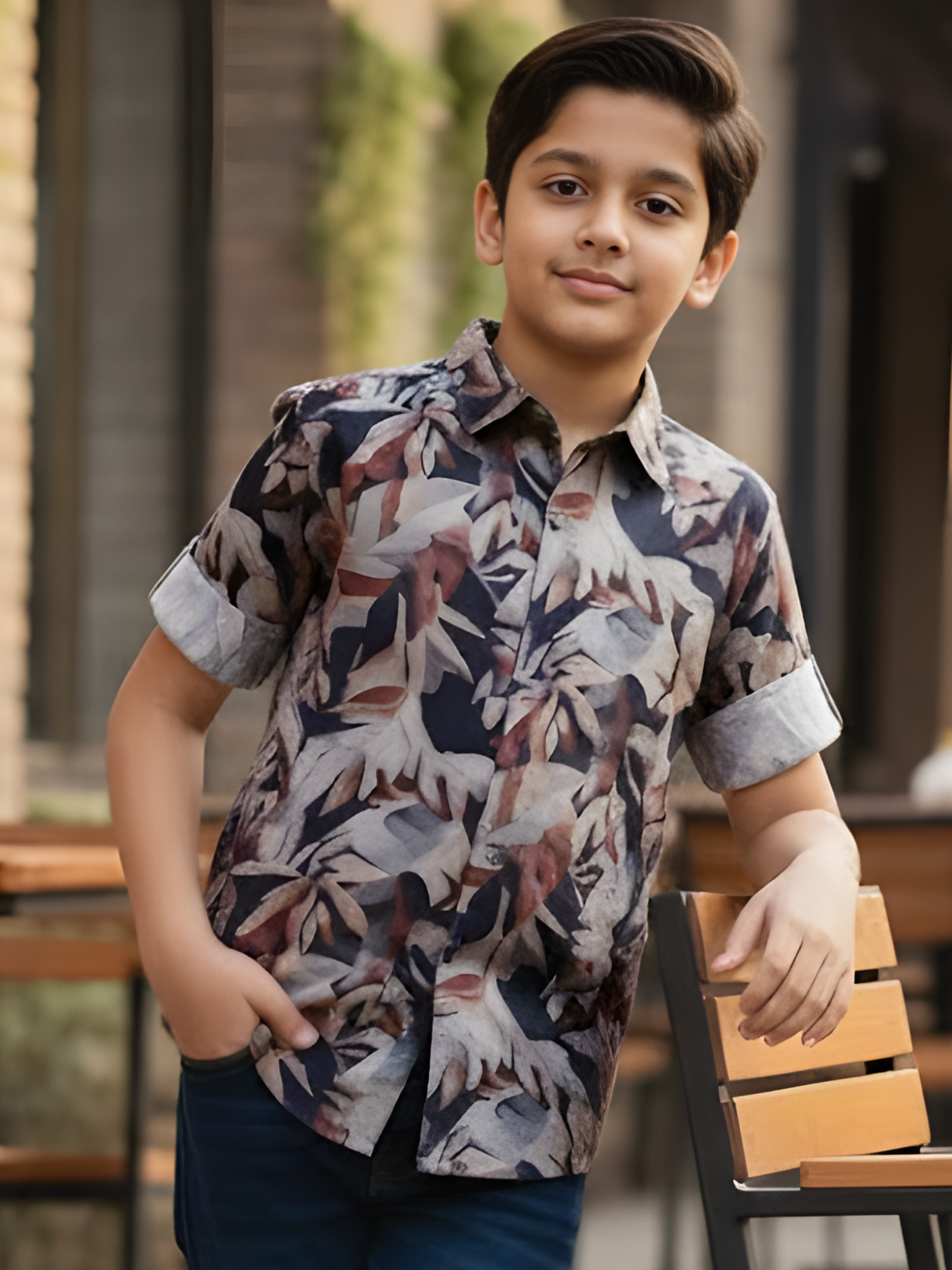 Boys Dark Brown Mosaic Leaf Print Casual Shirt