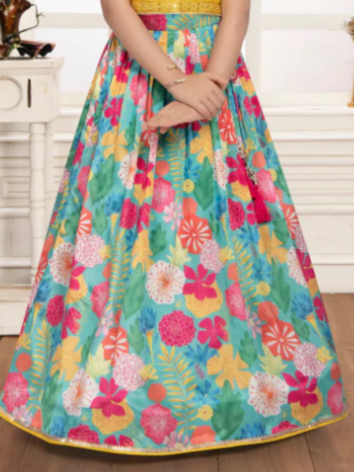 Girls' Playful White & Orange Seashell Print Lehenga Set