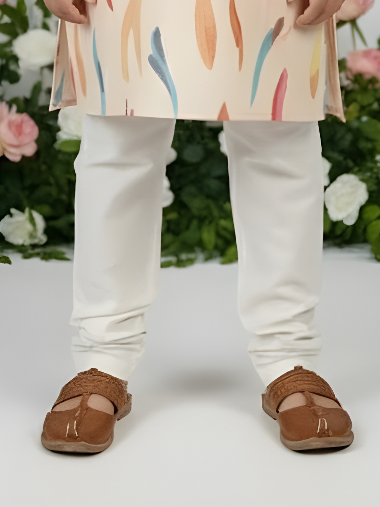 Boys' Cream Kurta Set with Modern Multi-Color Printed Nehru Jacket.