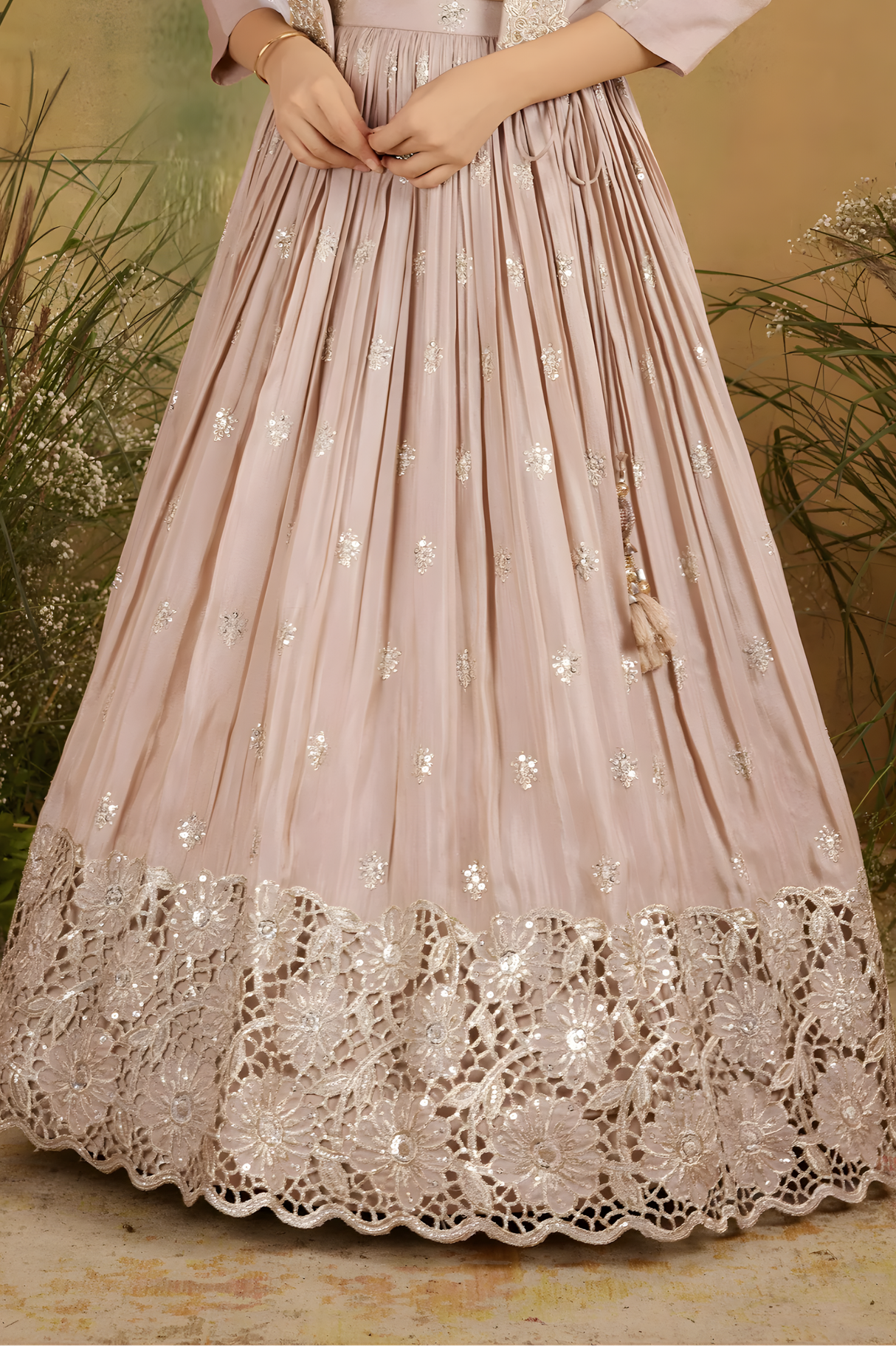 Girls' Floral Embroidered Jacket and Cream Lehenga Choli Set
