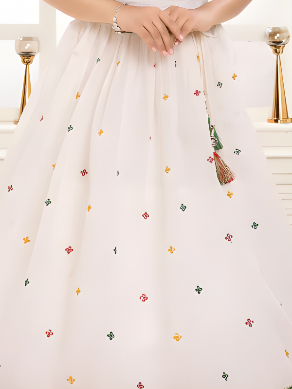 Girls' Festive White/Cream Skirt Set with Green and Gold Embroidered Choli Top