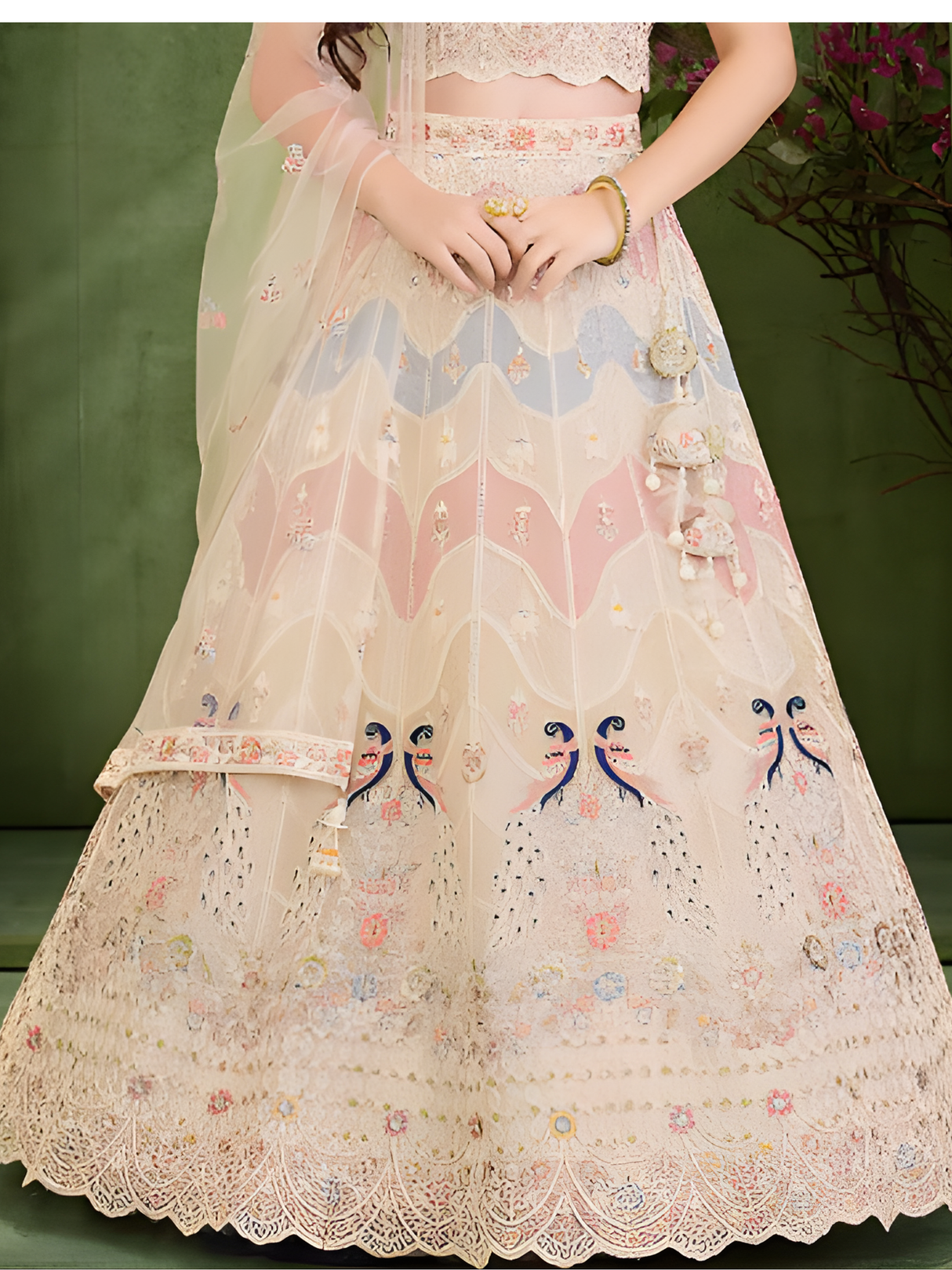 Girls' Cream Beige Lehenga Choli with Pastel Peacock Embroidery