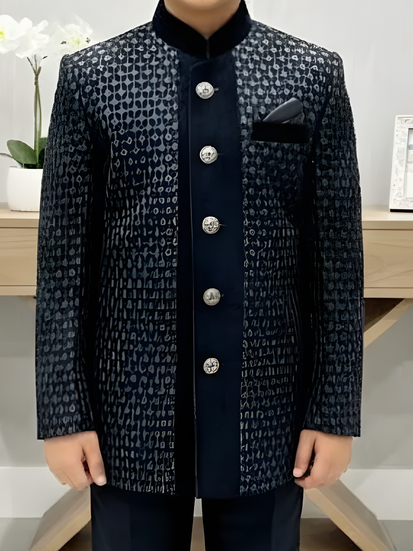 Boys' Black Patterned Indo-Western Suit with Velvet Accents