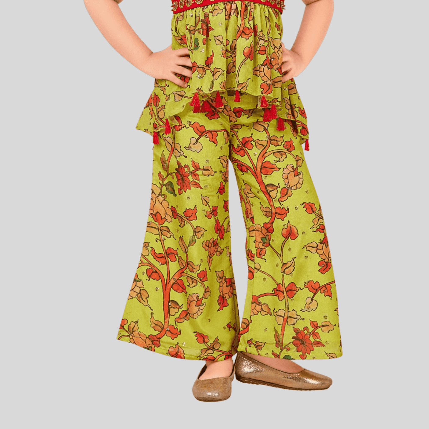 Girls Traditional Sleeves Less Plazo Two Pcs Set - Green