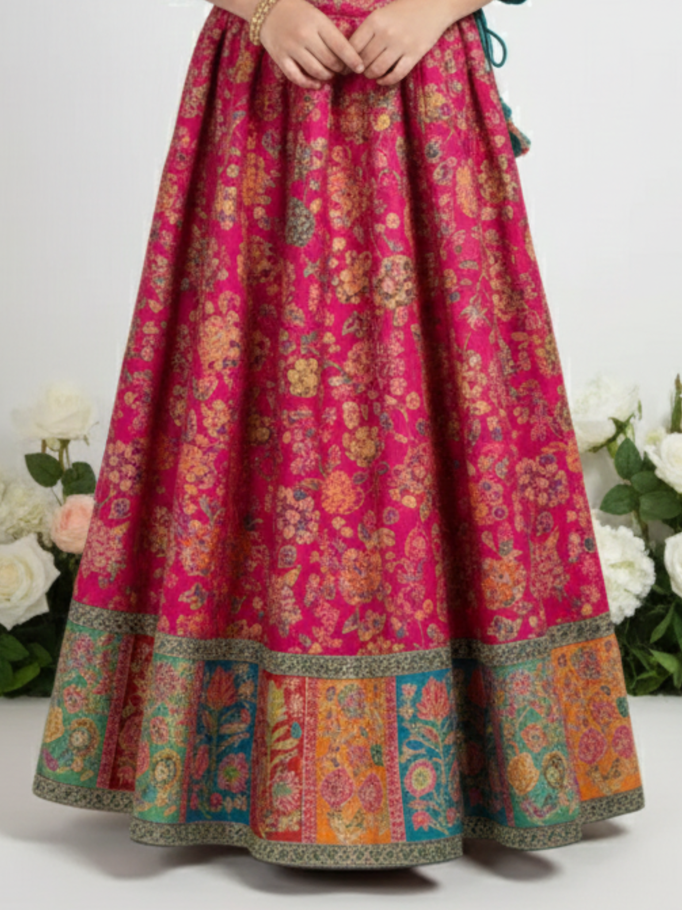 Girls' Fuchsia Pink Embroidered Choli, Striped Lehenga & Net Dupatta Set