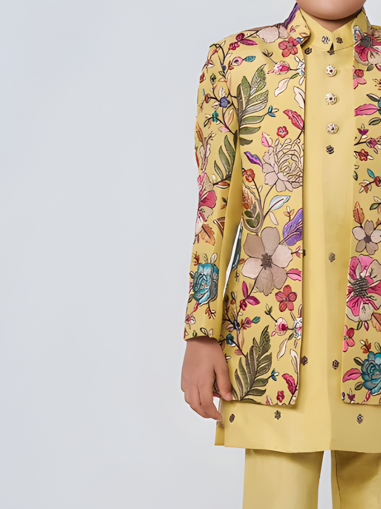Boys' Yellow Kurta Set with Floral Embroidered Open Jacket