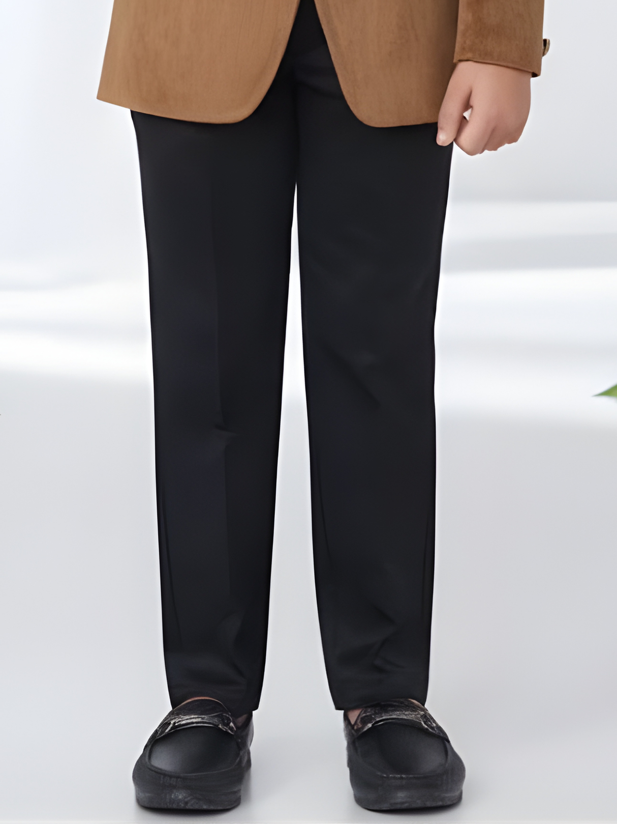 Boys' Camel Brown Velvet Jodhpuri Suit with Black Trousers