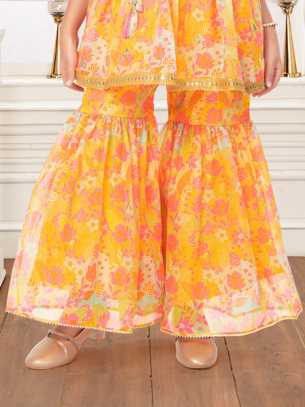 Girls Traditional Sleeves Less Sharara Set - Yellow