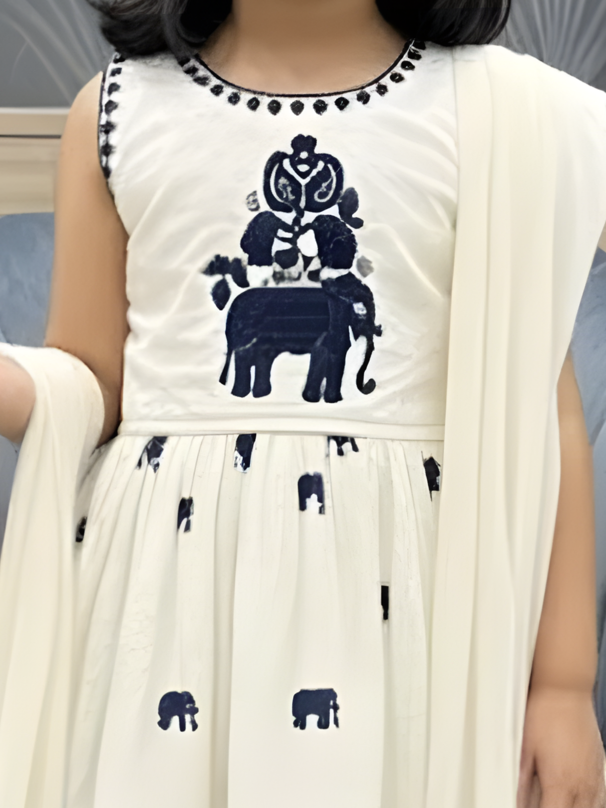 Girls' Cream Sleeveless Embroidered Gown with Navy Elephant Motifs