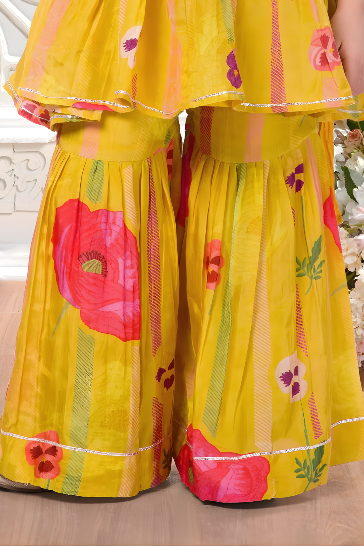 Girls' Yellow Floral Tiered Peplum Top and Sharara Set