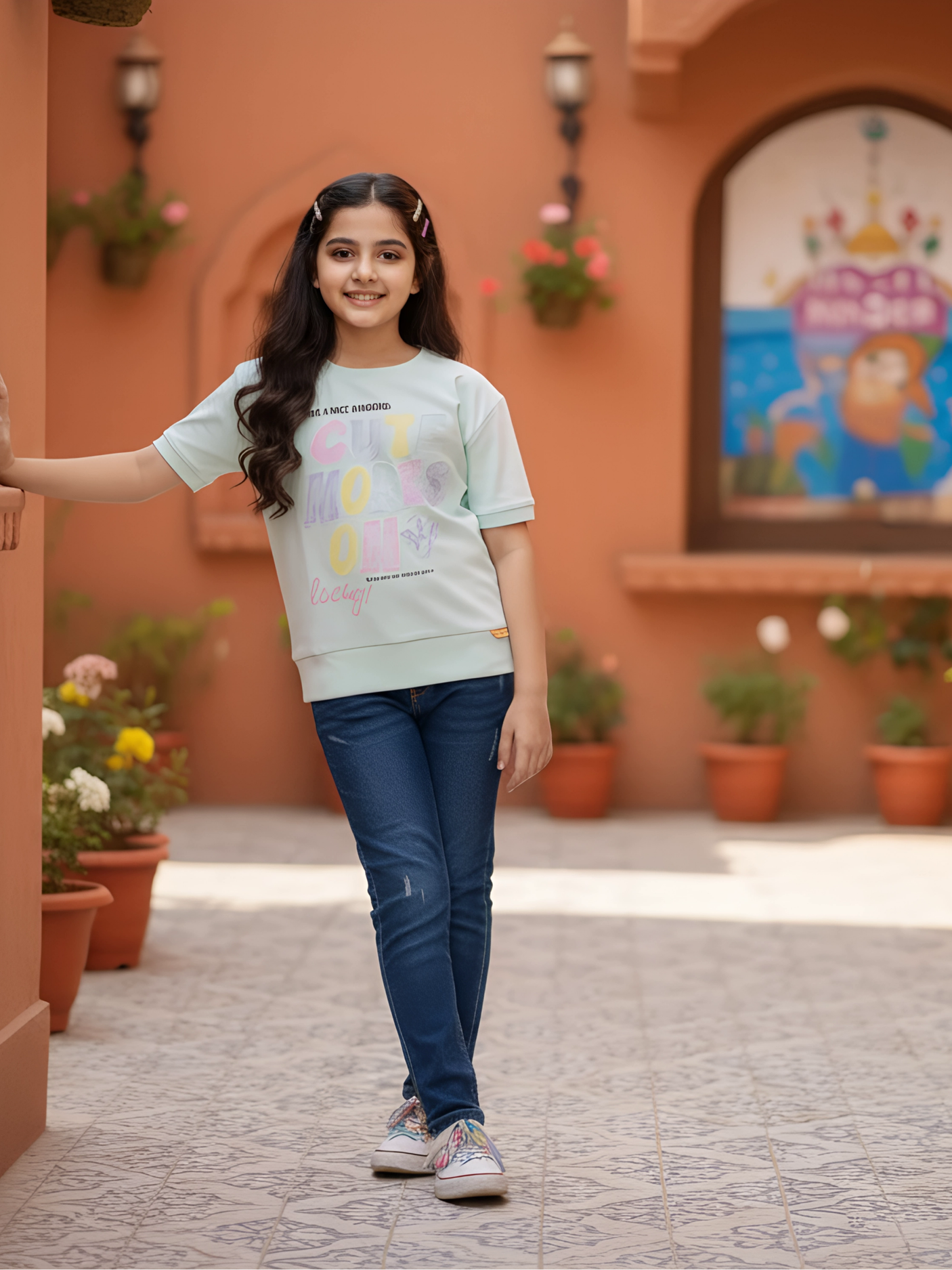 Girls' Pastel Light Blue Graphic Tee - "Cute Vibes" Casual Top