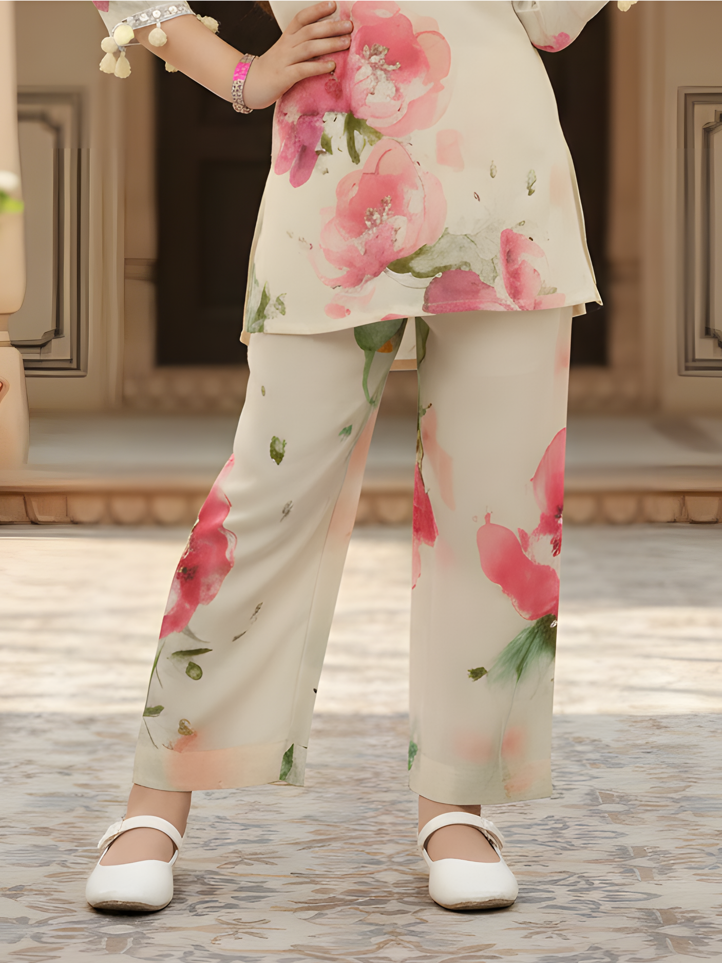 Girls Traditional 3/4th Sleeves Two Pcs Set - Pink