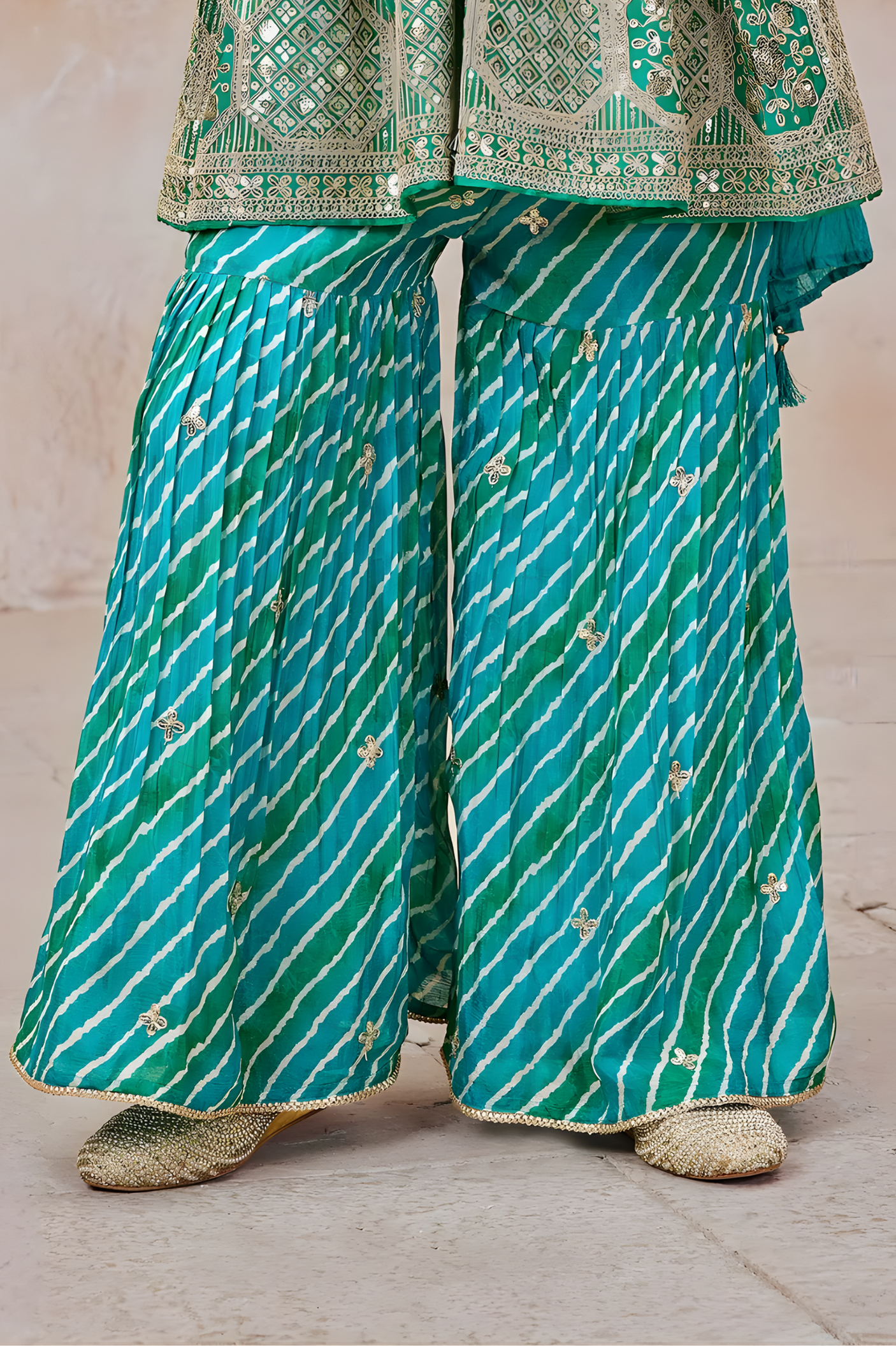 Girls' Teal Green Leheriya Print Embroidered Sharara Set