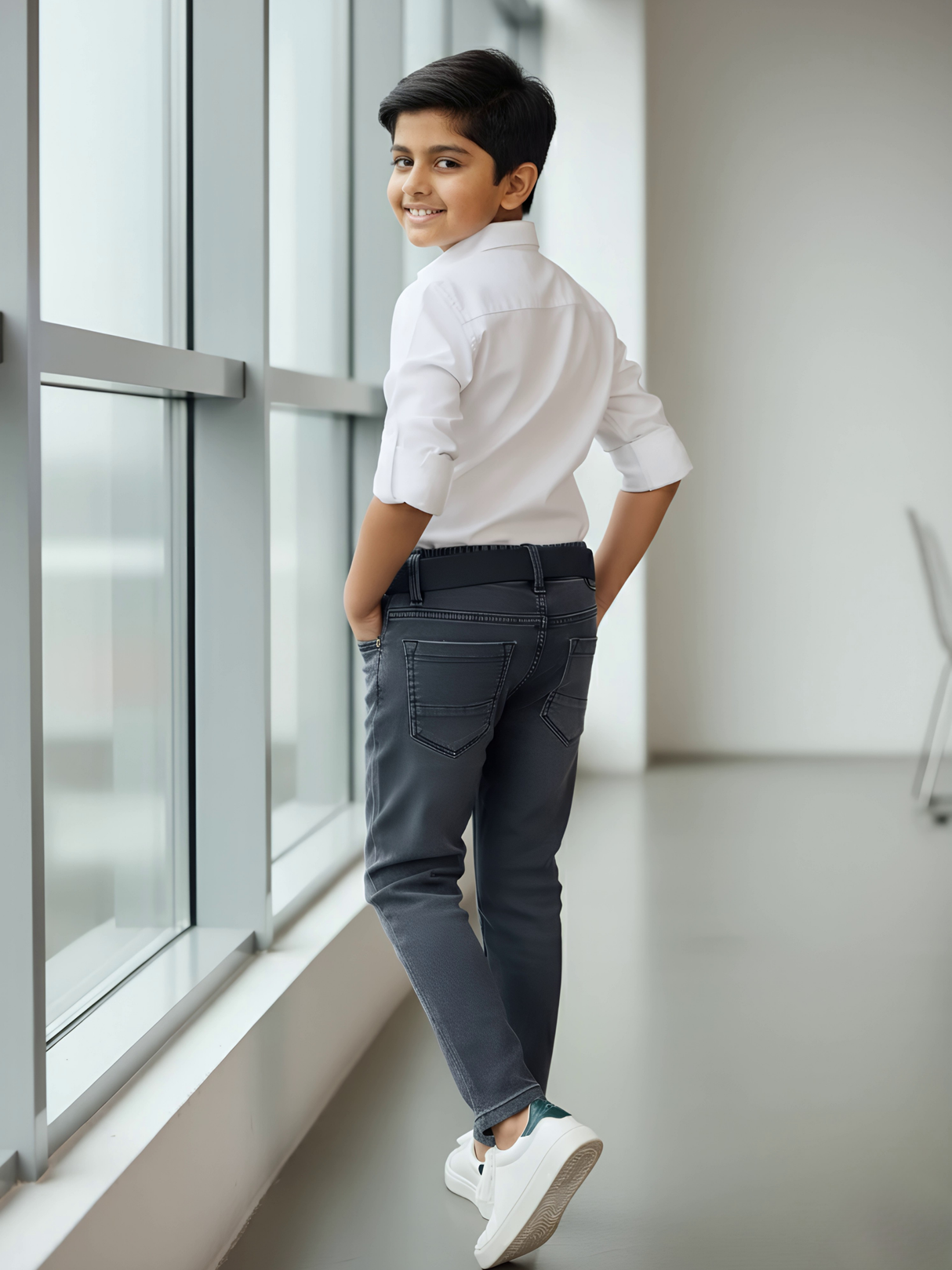 Boys' Premium Dark Grey Slim Fit Jeans with Adjustable Belt