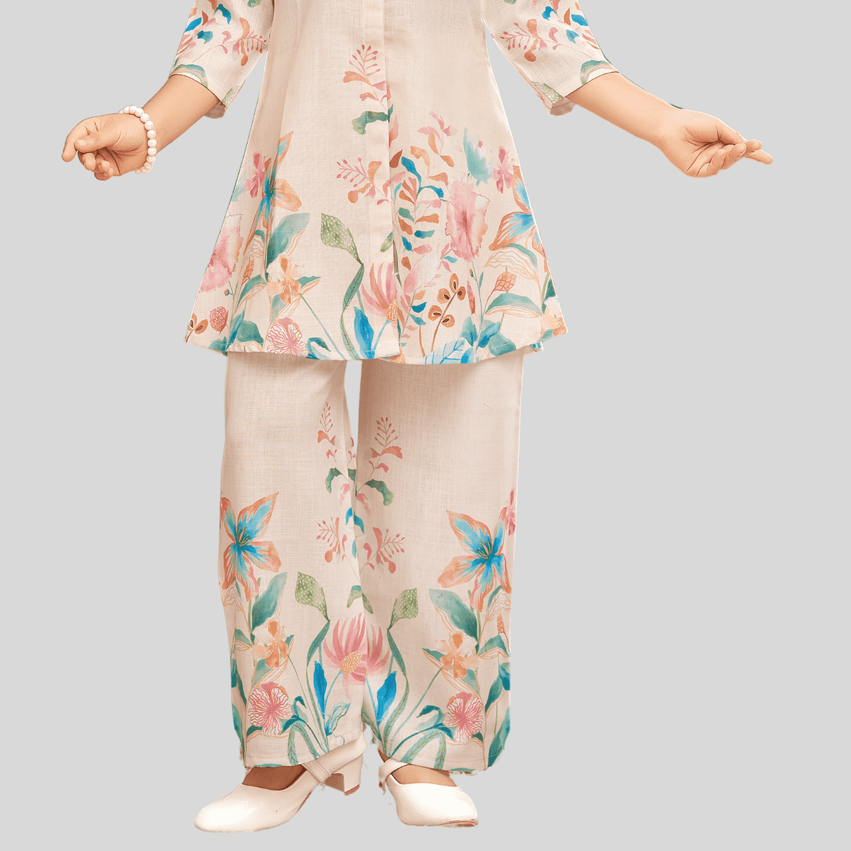 Girls Traditional 3/4th Sleeves Plazo Set - Cream