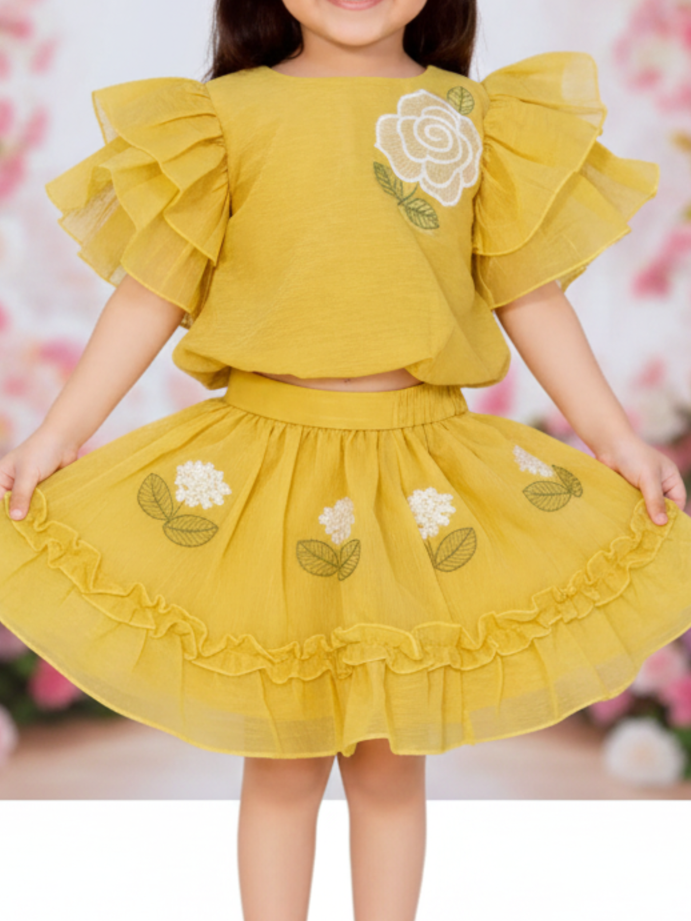 Chic Mustard Yellow Ruffle Top and Skirt Set with Floral Embroidery