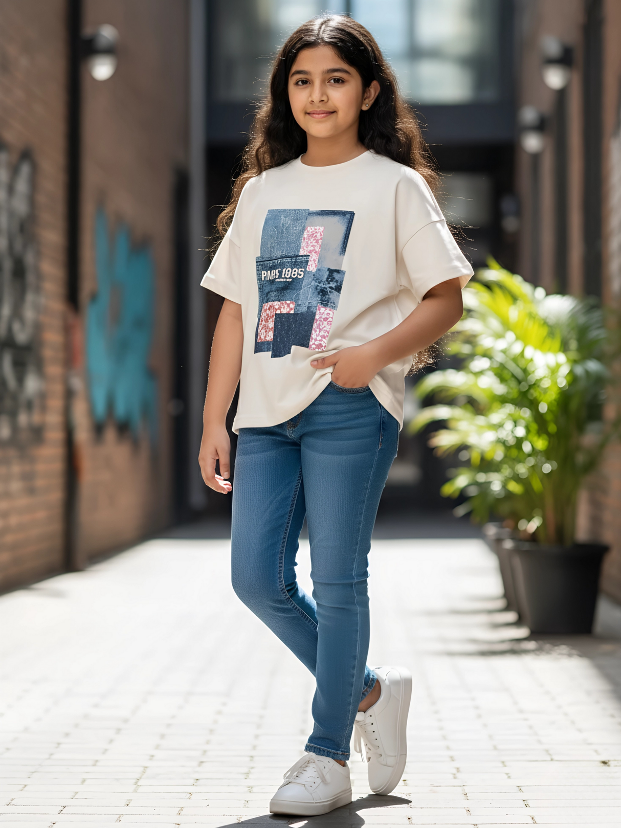 Girls' Patchwork Print Knit Top