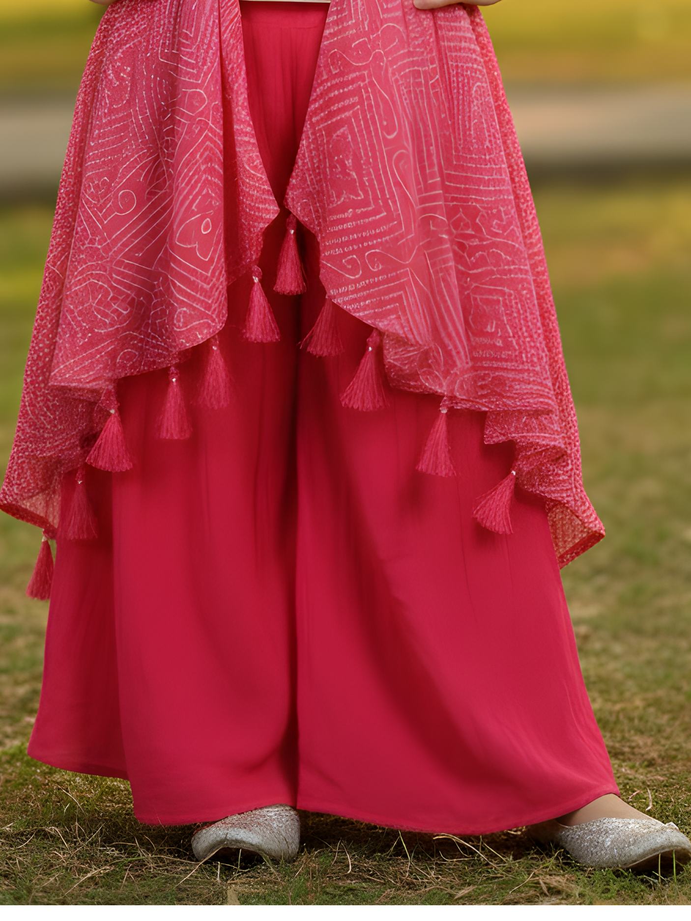 Girls Rani Pink Embroidered Kurta & Sharara Set with Bandhani Shrug