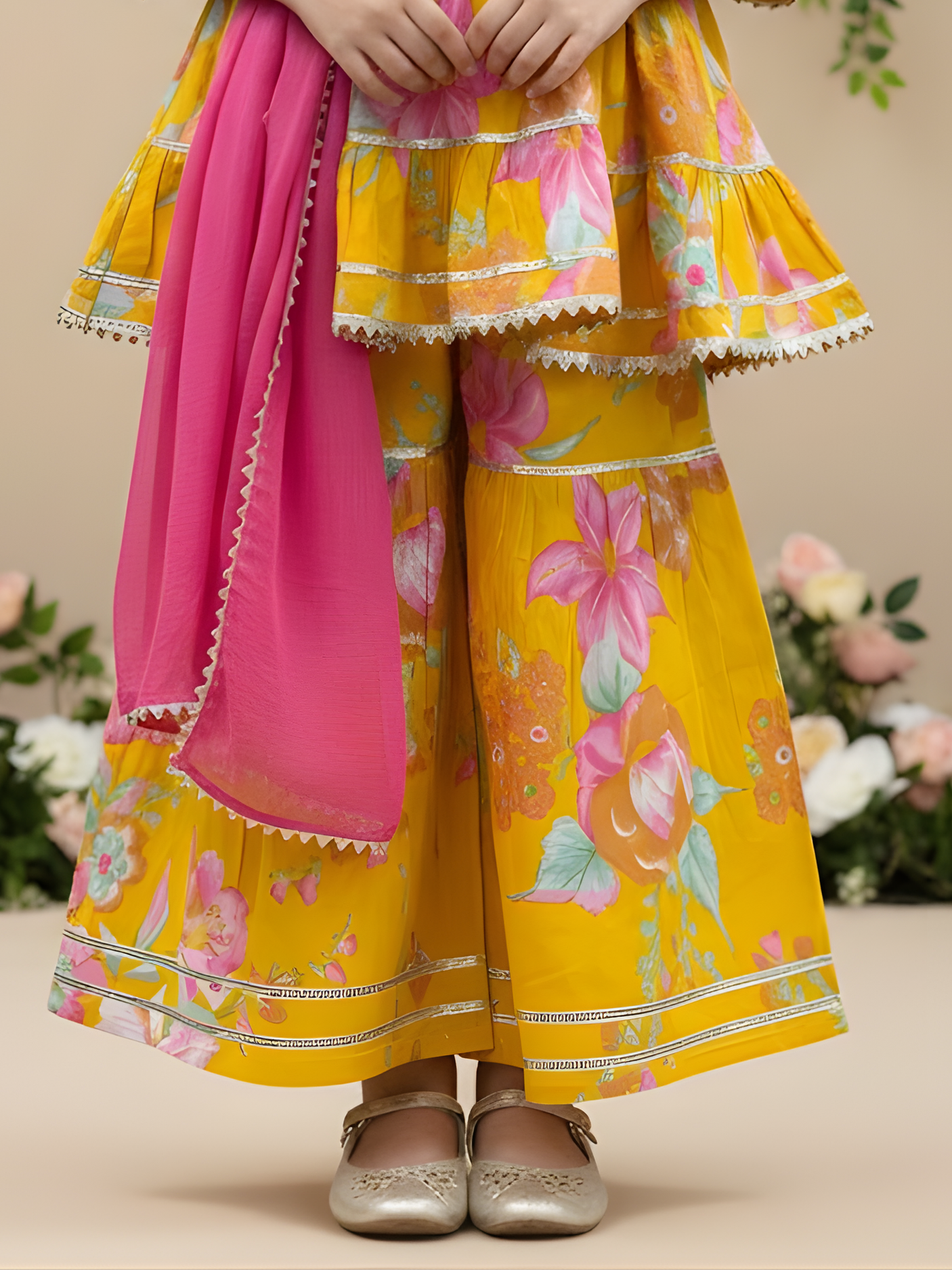 Girls Yellow Floral Printed Sharara Set with Embroidered Kurti & Dupatta