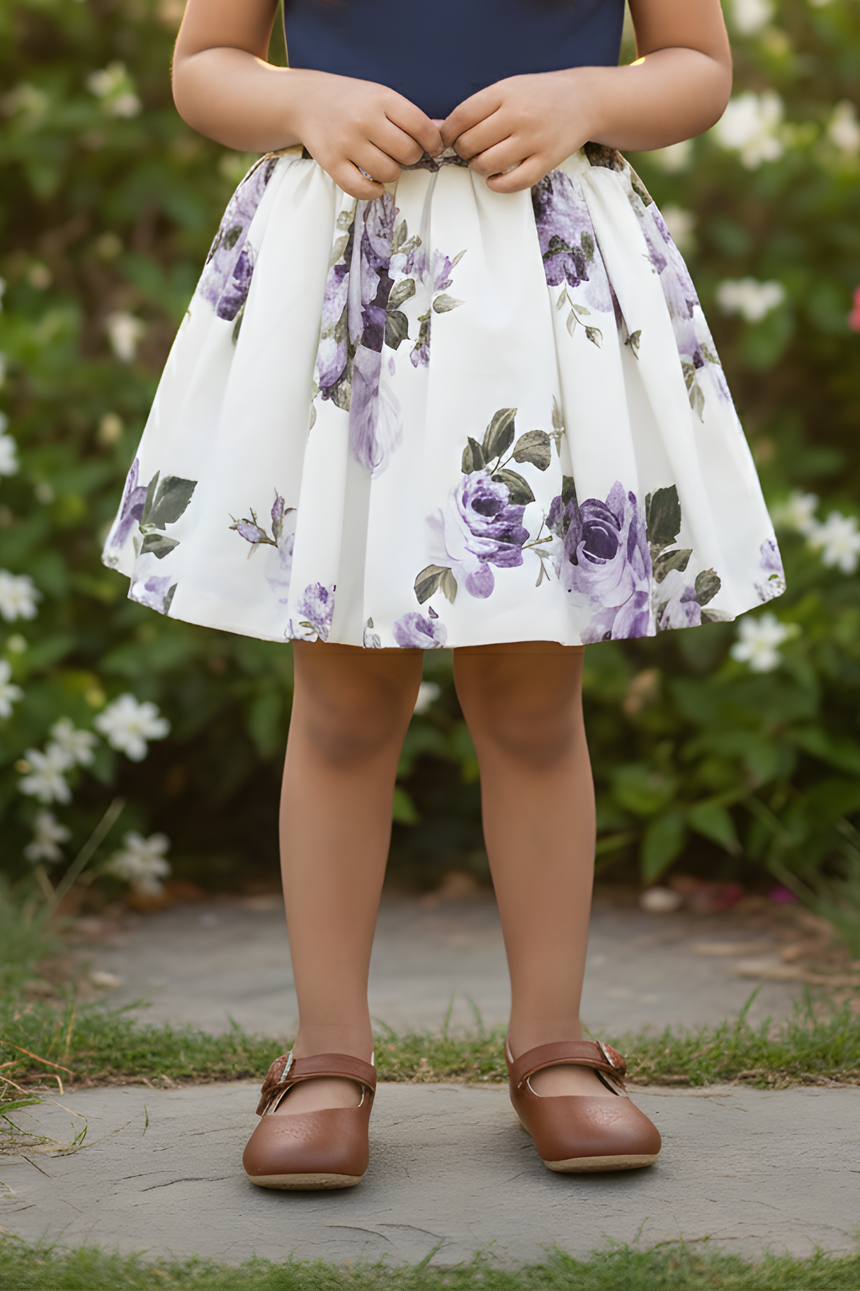 Navy & Cream Floral Cropped Top and Skirt Set for Girls