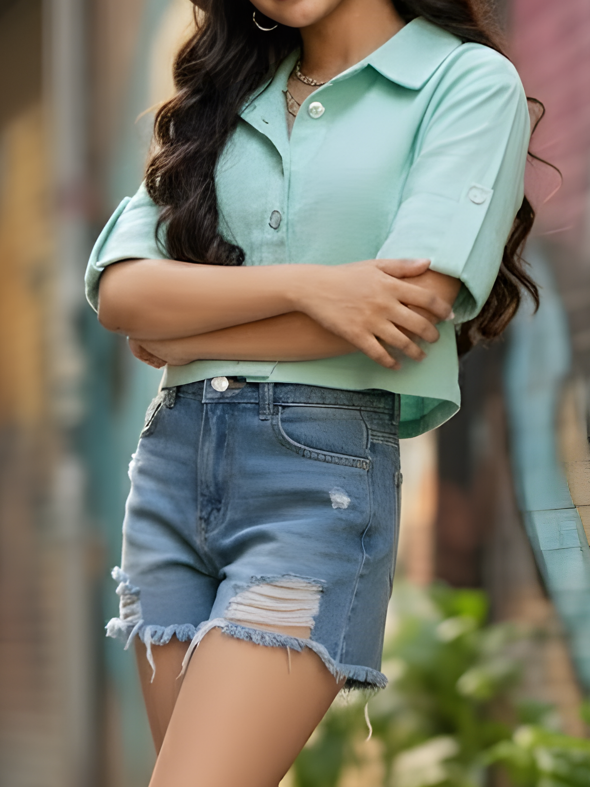 Girls Mint Green Button-Down Fashion Top with Folded Sleeves.