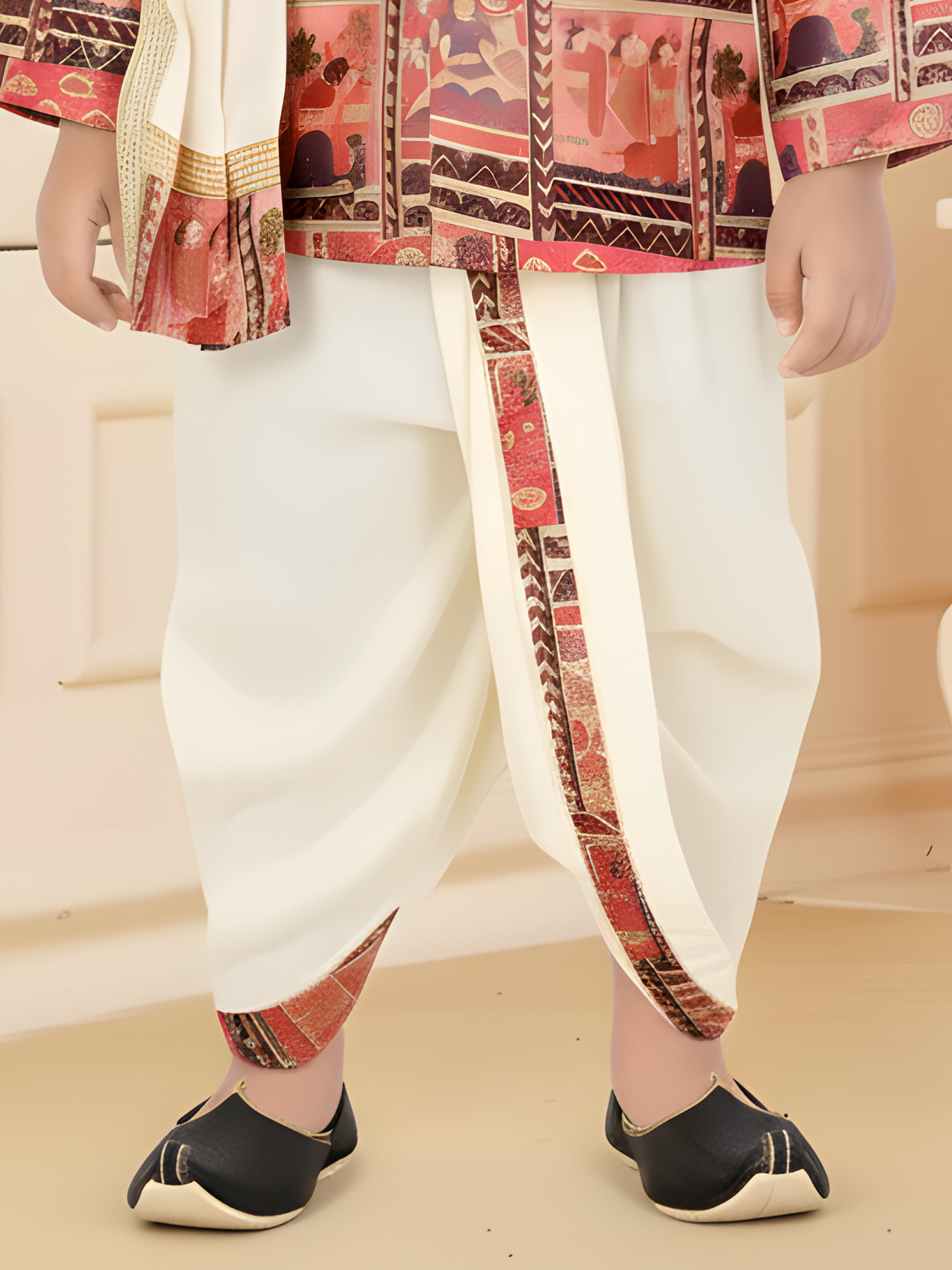 Boys' Multi-Color Folk Print Kurta with Cream Dhoti and Stole Set