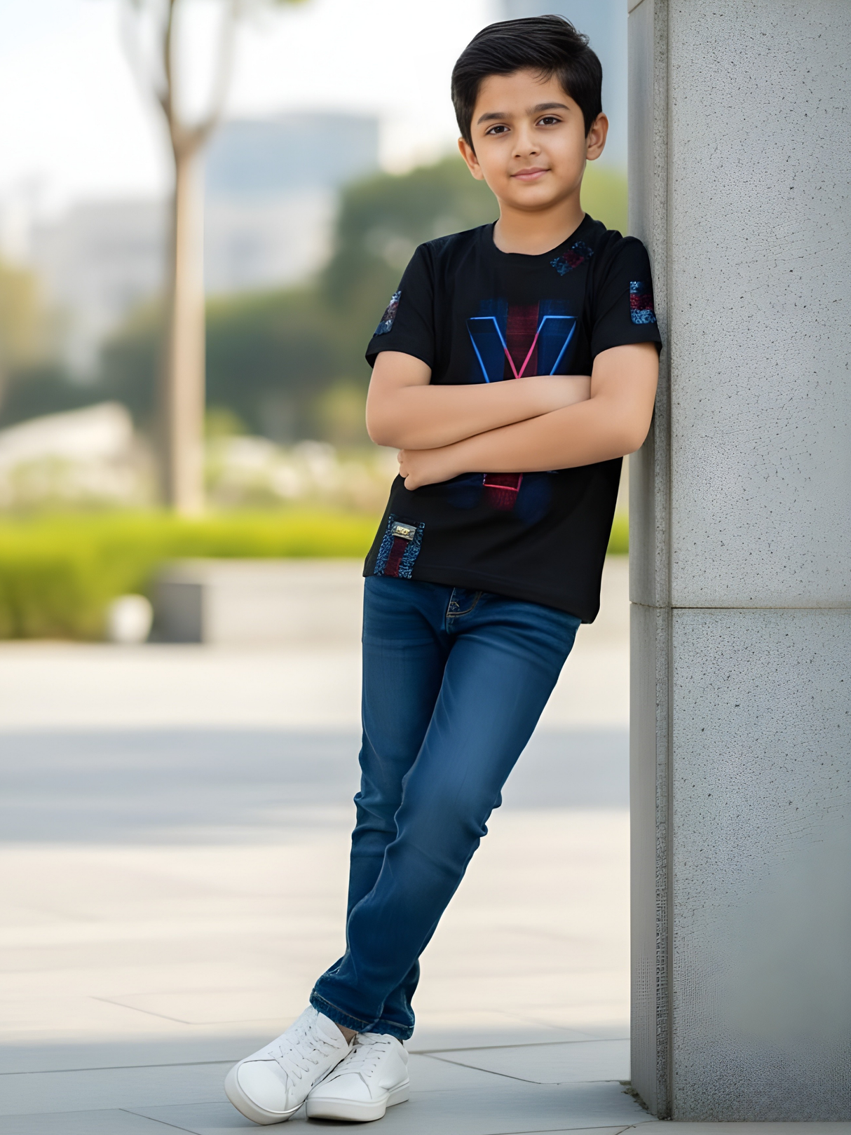 Boys' Black City V-Graphic Tee with Neon New York & California Text
