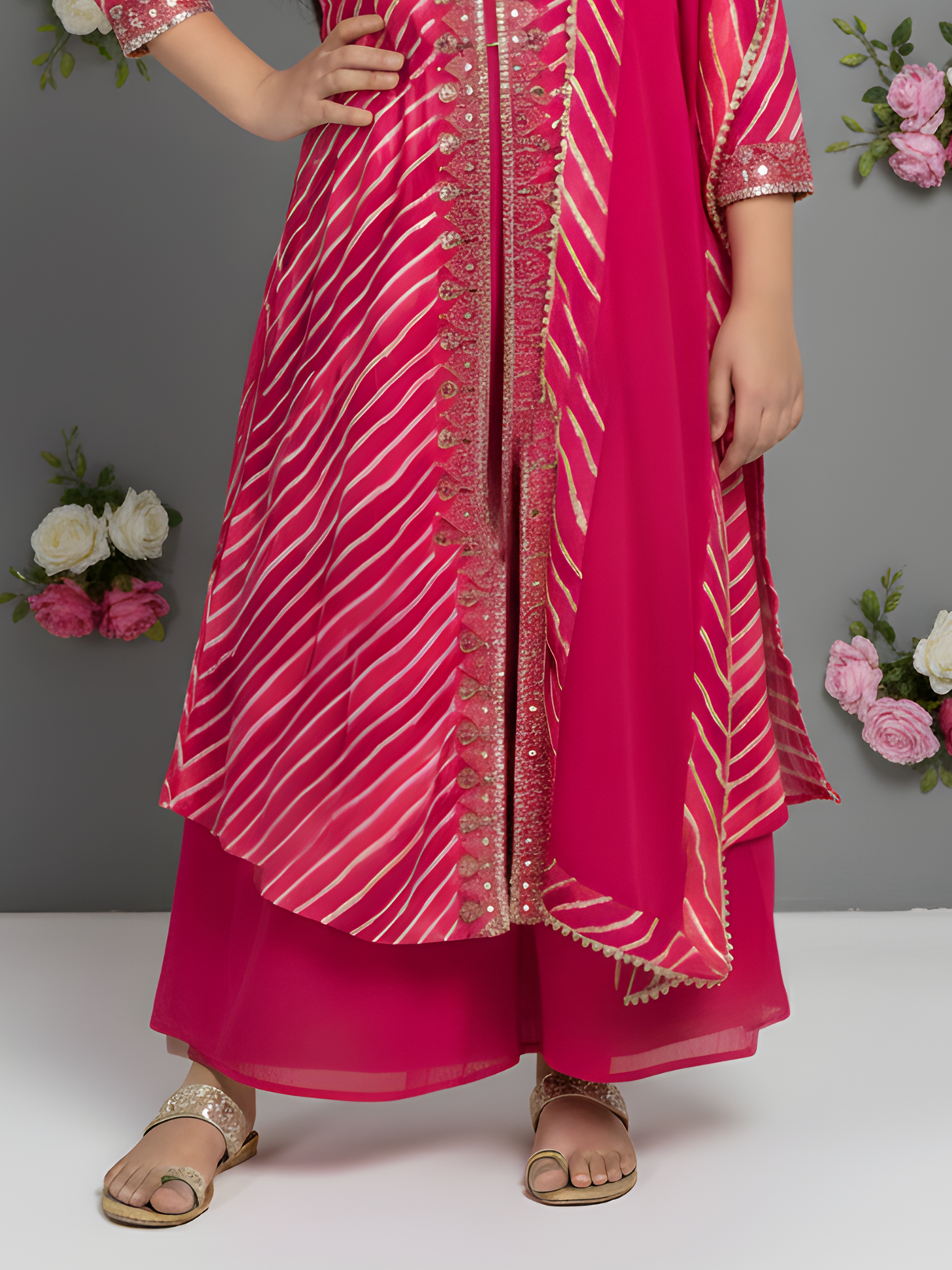 Girls' Hot Pink Bandhani Print Kurta, Striped Garara, and Ombre Dupatta Set