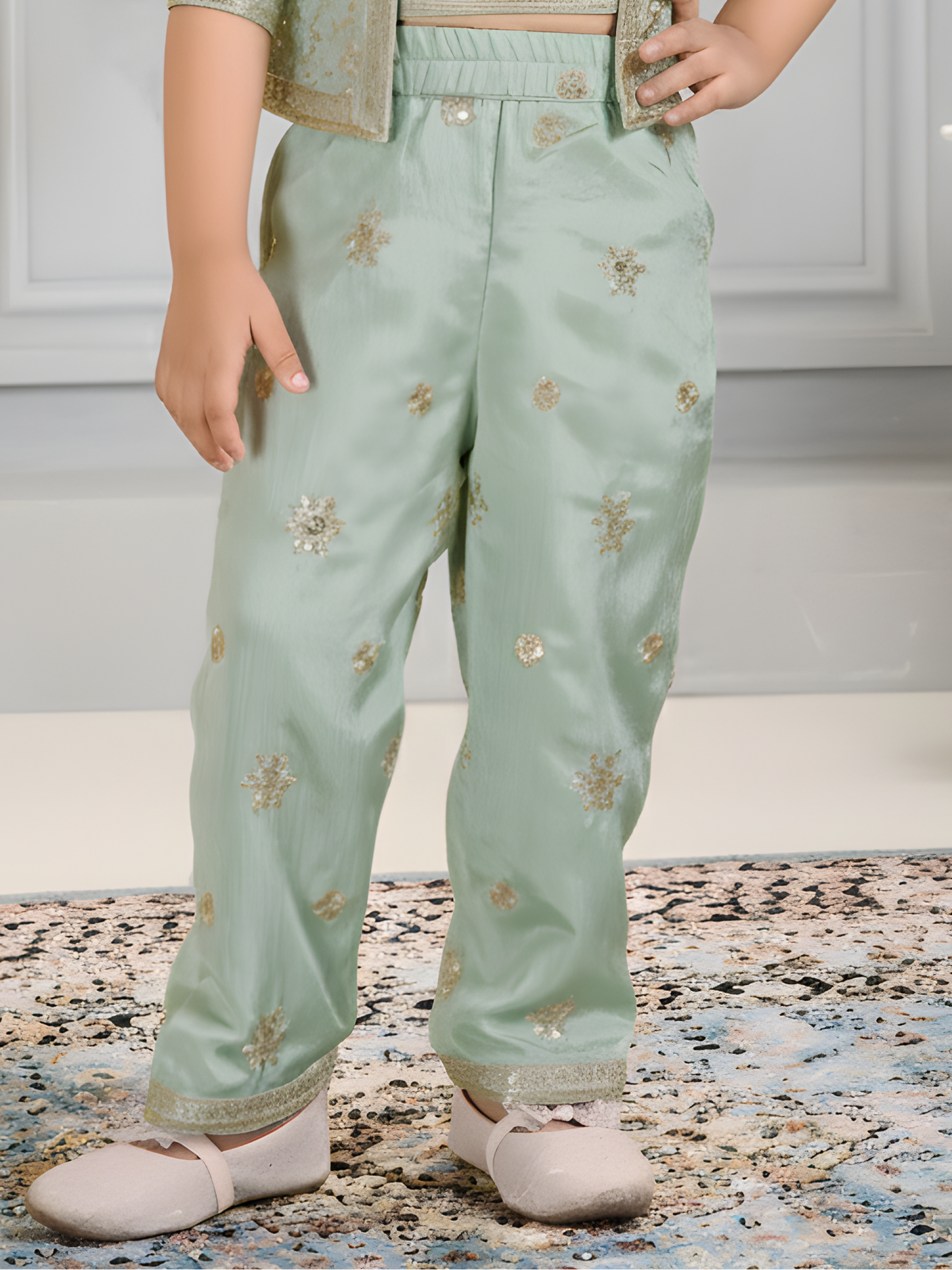 Girls' Sea Green & Gold Embroidered Sharara Set with Shrug